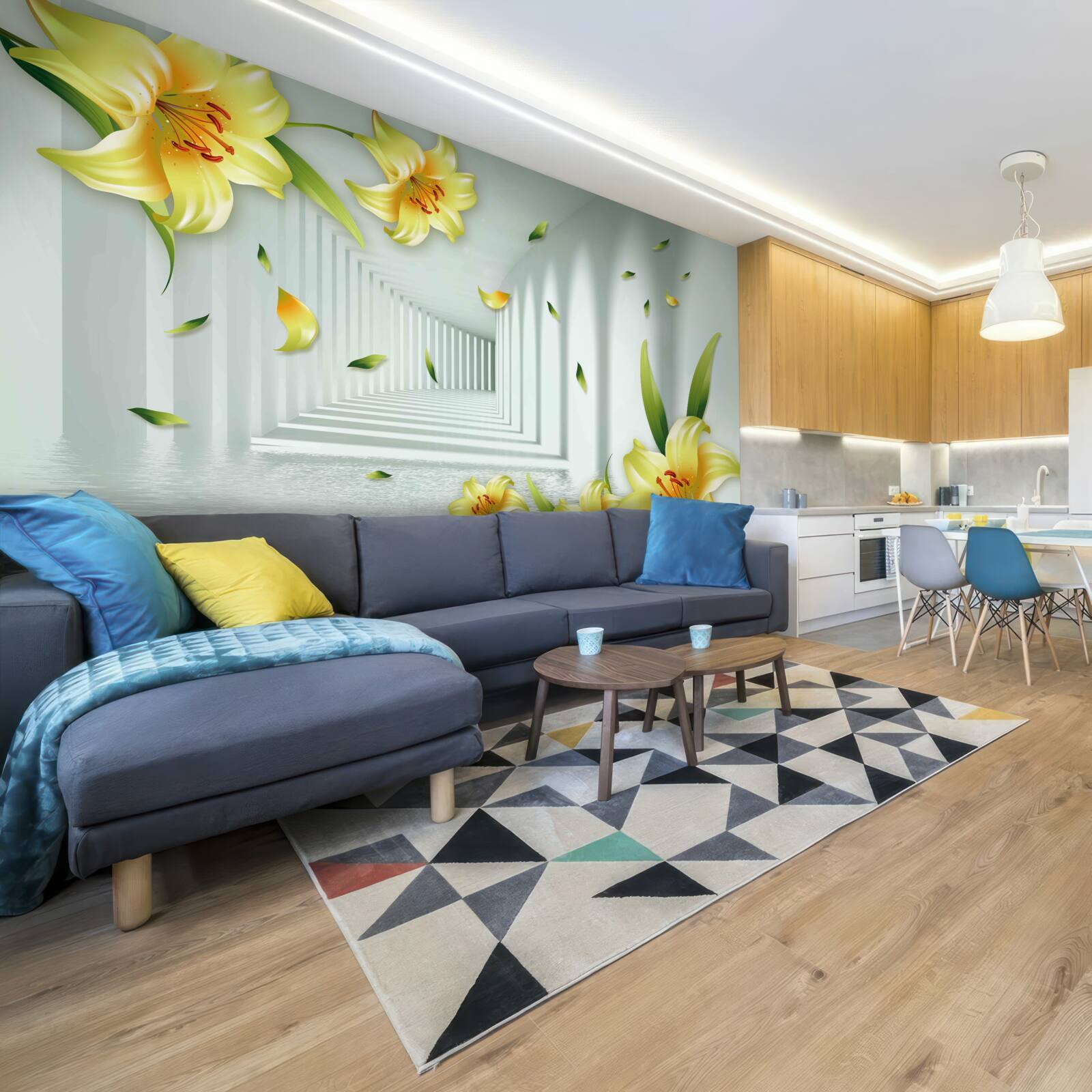 Papier peint tunnel tridimensionnel avec des lys jaunes