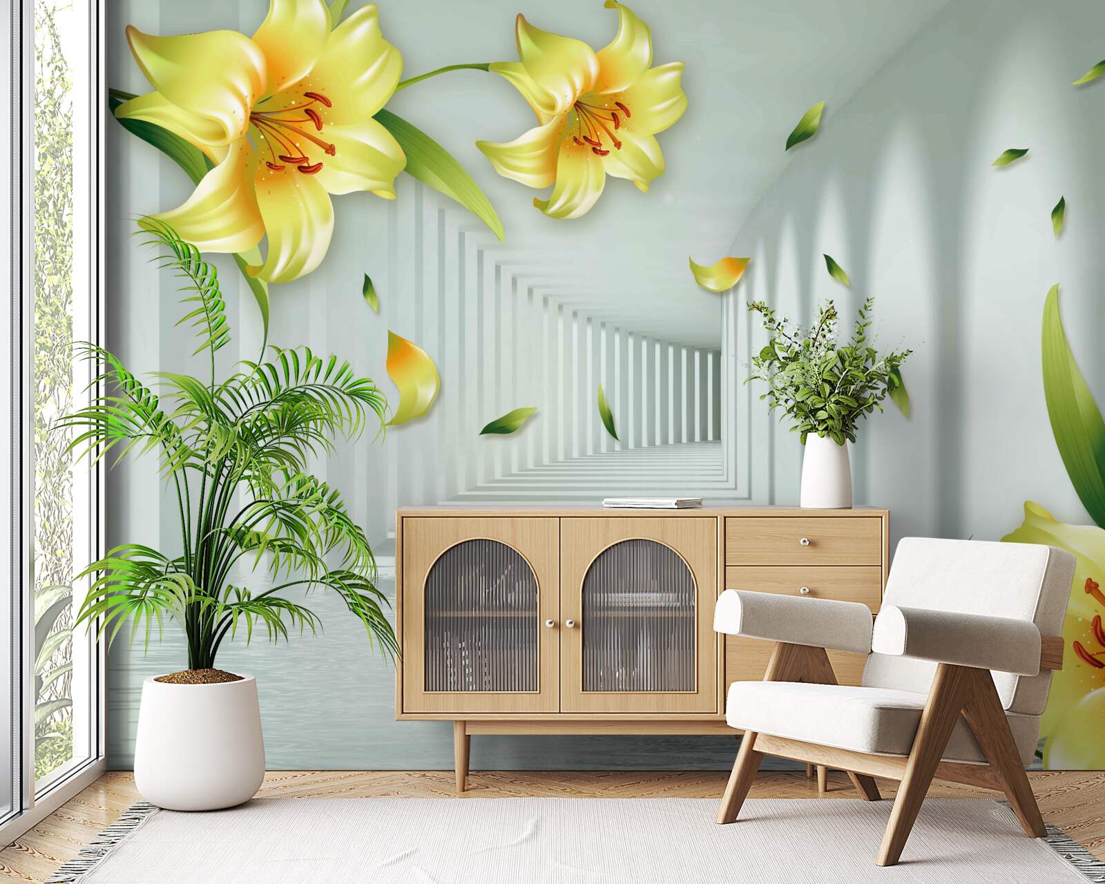 Papier peint tunnel tridimensionnel avec des lys jaunes