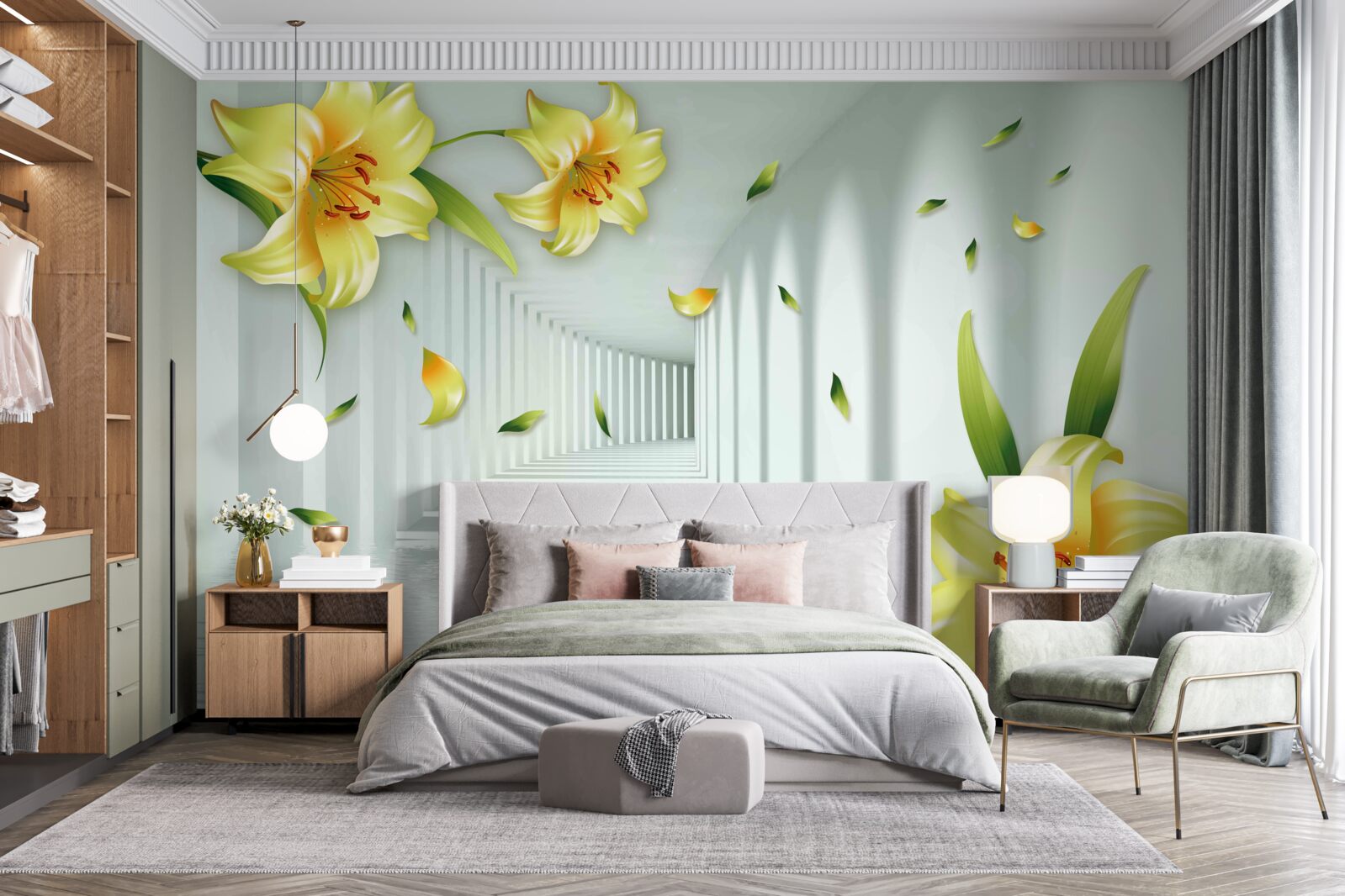 Papier peint tunnel tridimensionnel avec des lys jaunes