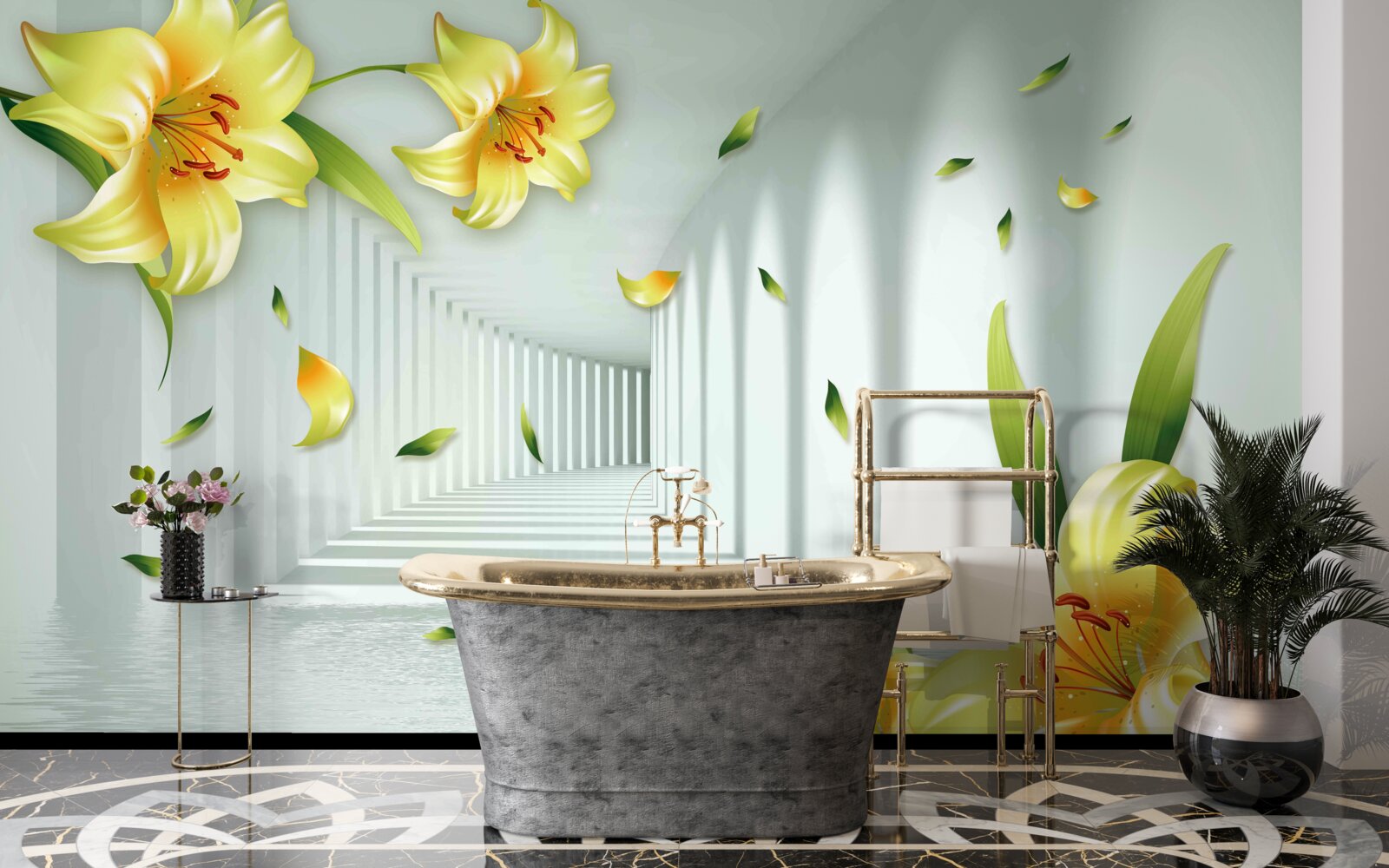 Papier peint tunnel tridimensionnel avec des lys jaunes