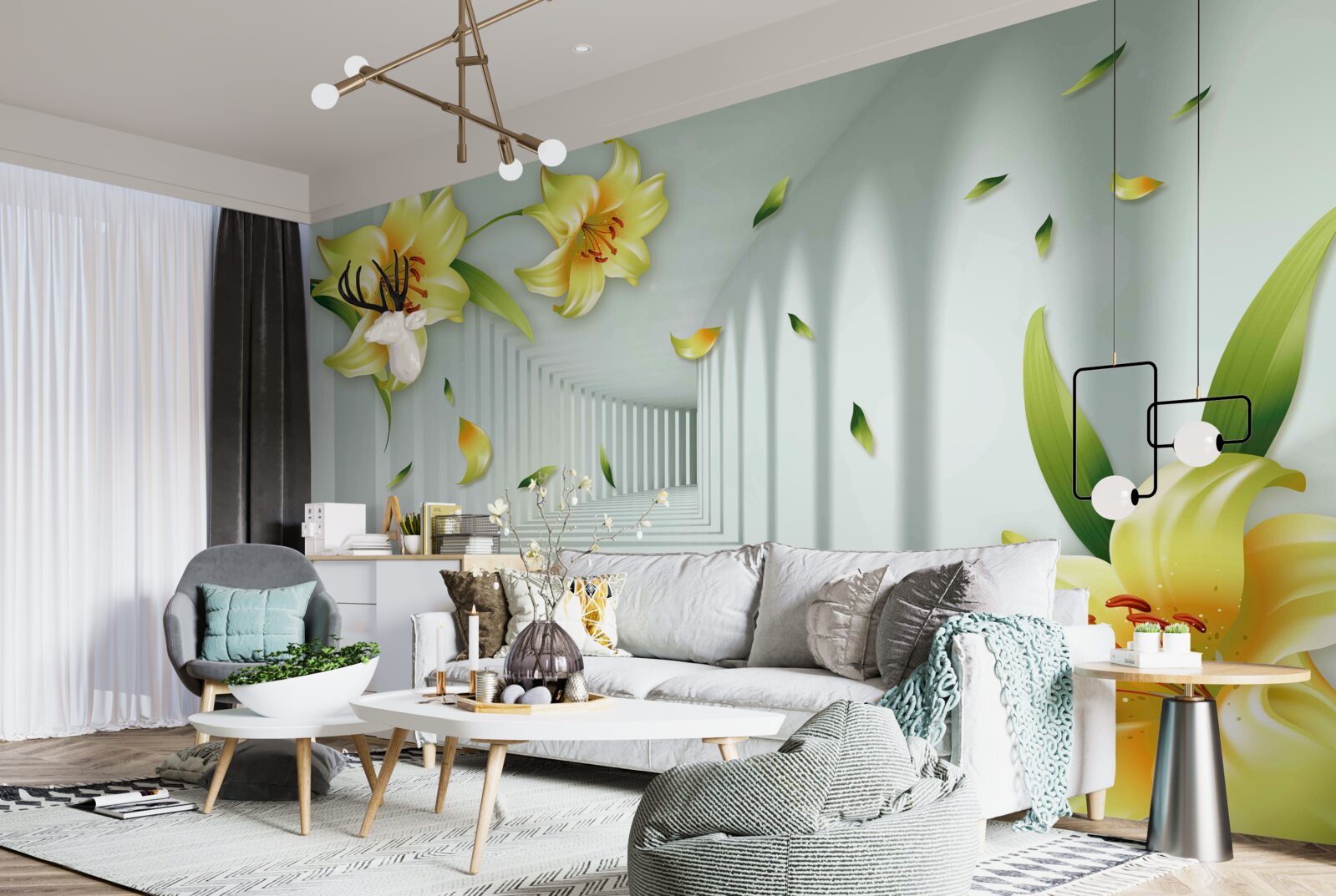 Papier peint tunnel tridimensionnel avec des lys jaunes