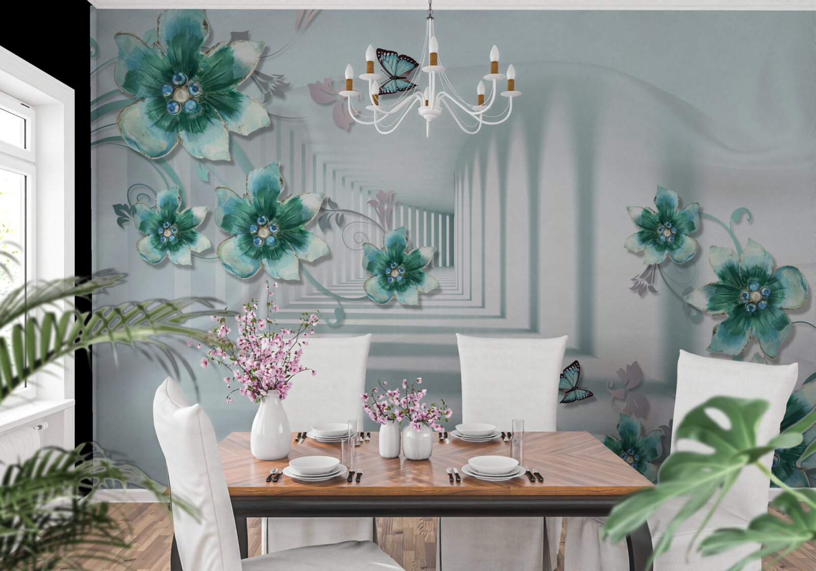 Papier peint tunnel tridimensionnel avec végétation verte