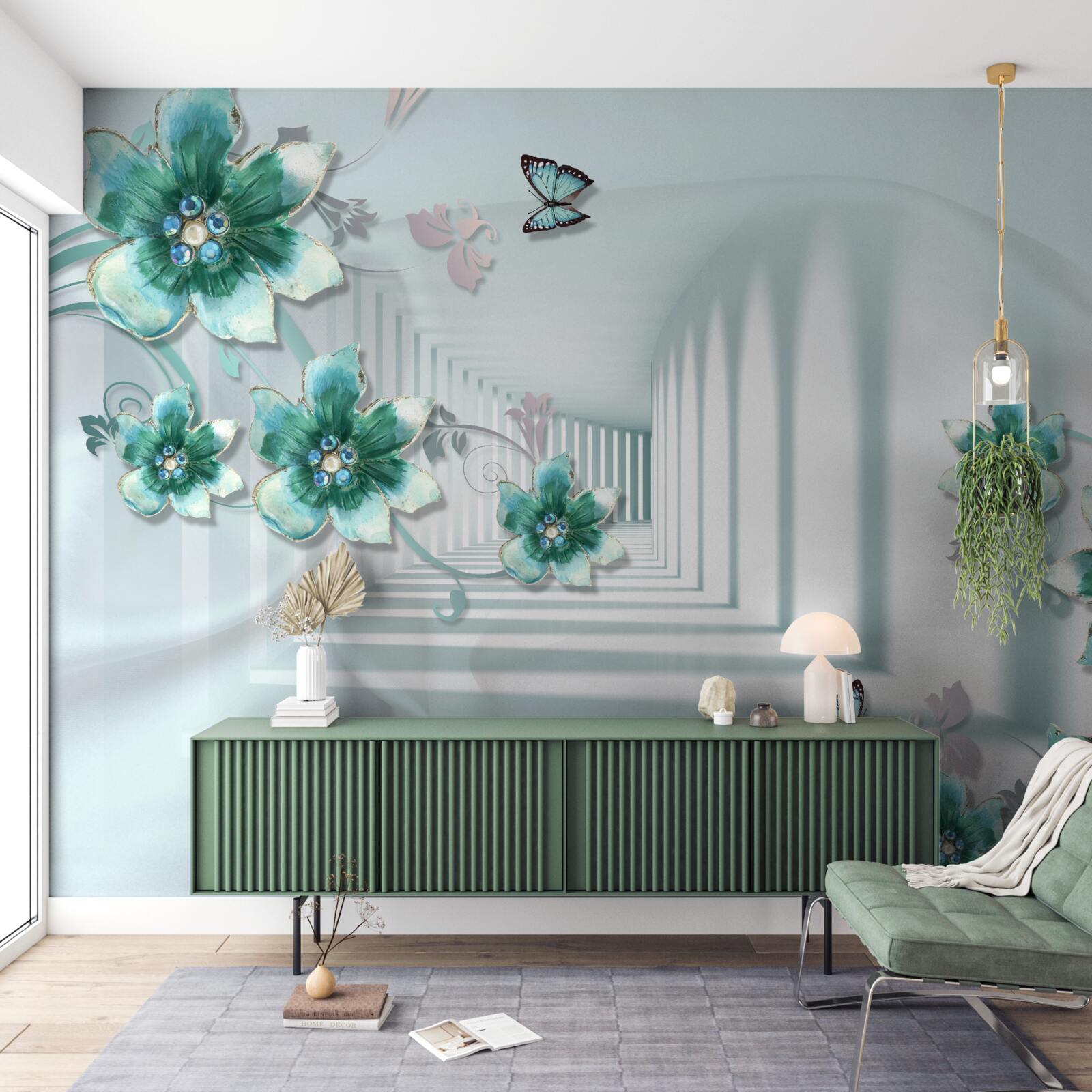 Papier peint tunnel tridimensionnel avec végétation verte