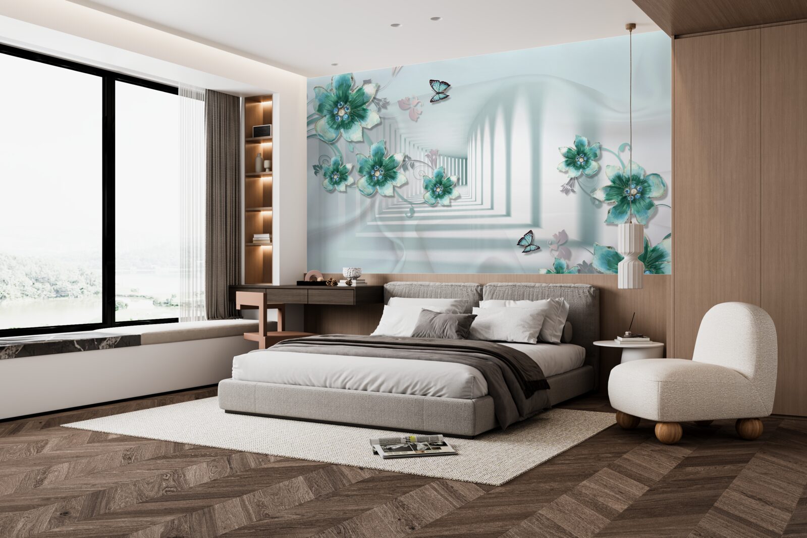 Papier peint tunnel tridimensionnel avec végétation verte