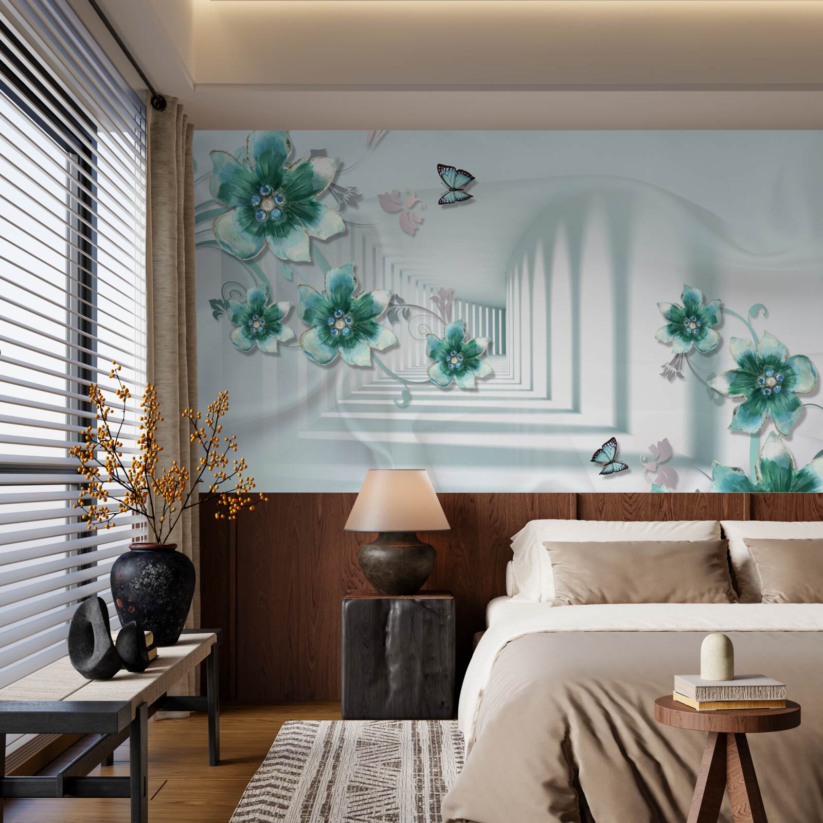 Papier peint tunnel tridimensionnel avec végétation verte