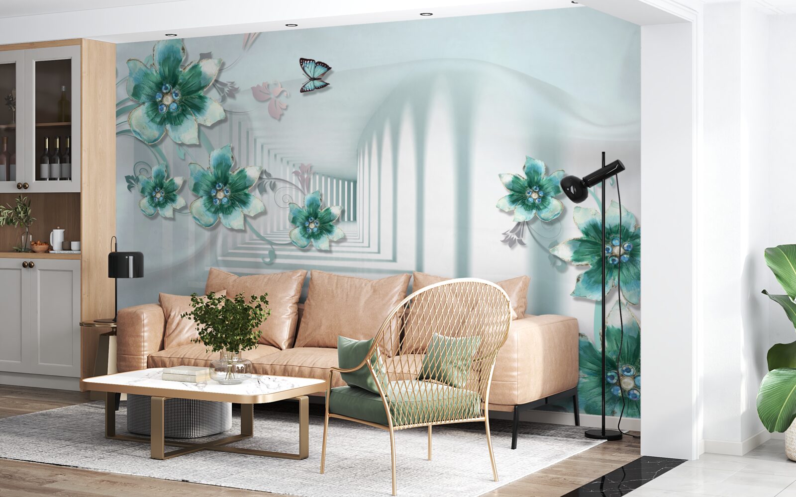 Papier peint tunnel tridimensionnel avec végétation verte