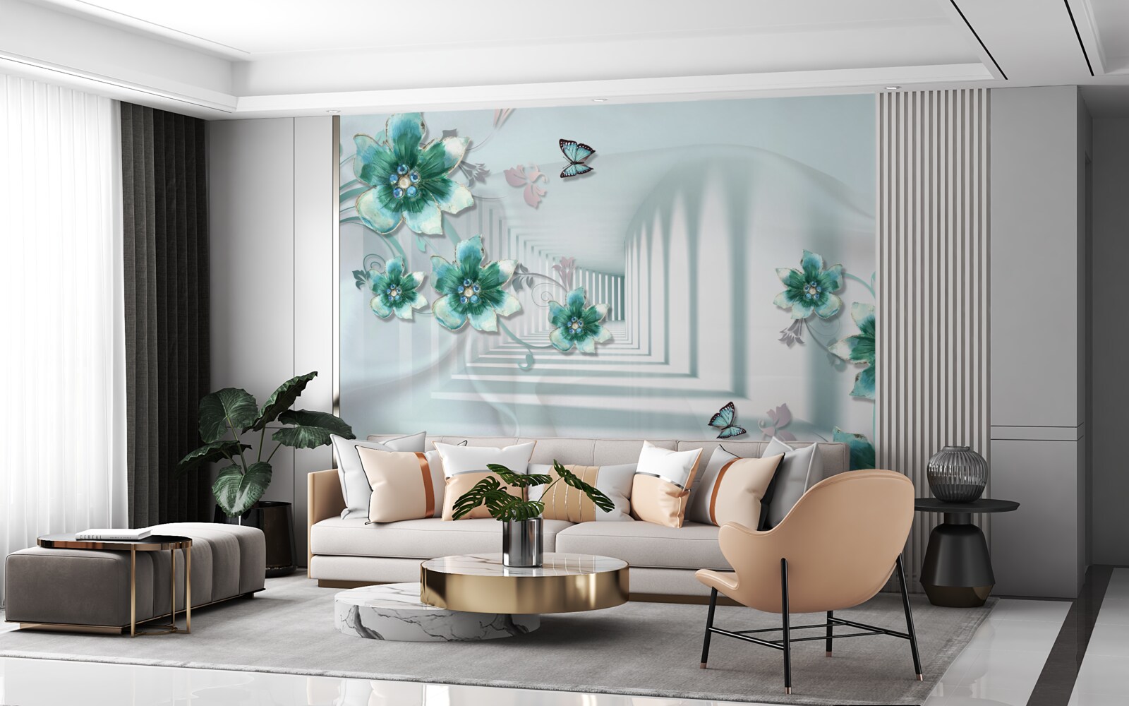 Papier peint tunnel tridimensionnel avec végétation verte