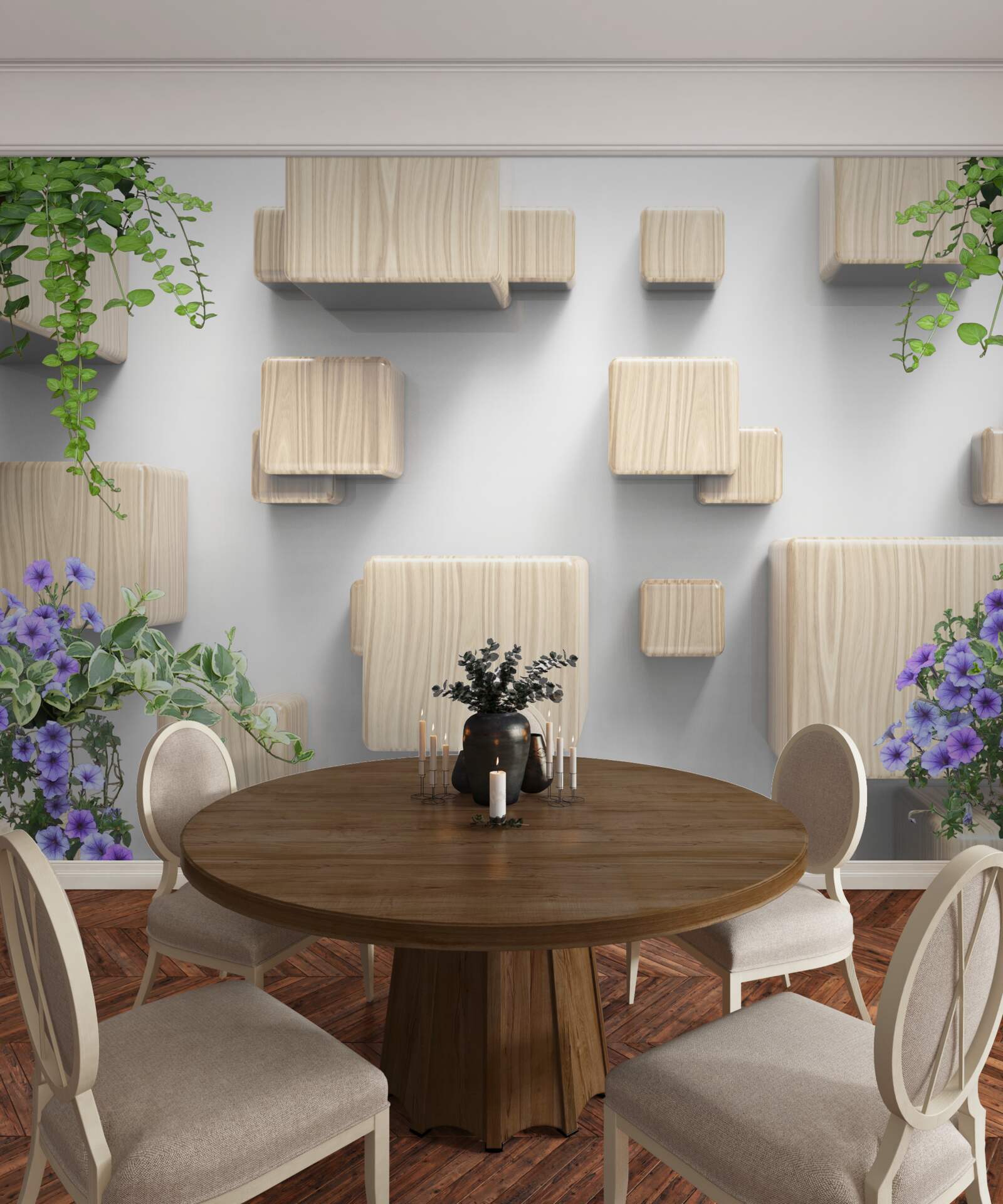 Papier peint cubes en bois en lévitation