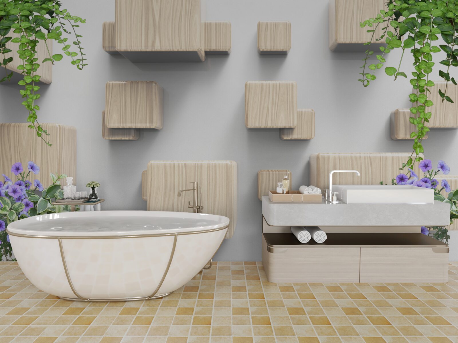 Papier peint cubes en bois en lévitation