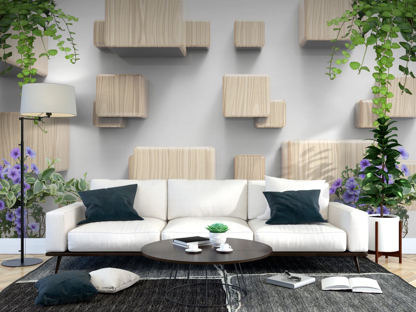 Papier peint cubes en bois en lévitation