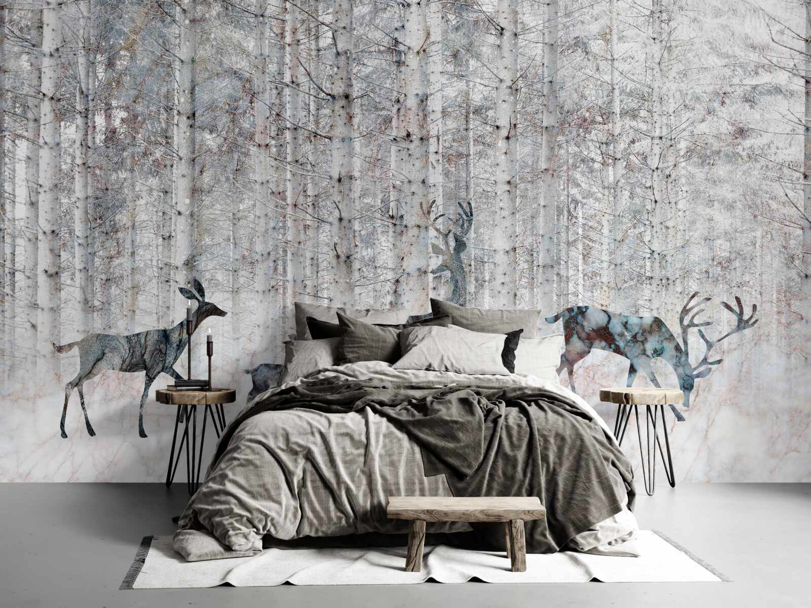 Papier peint cerfs dans une forêt d'hiver
