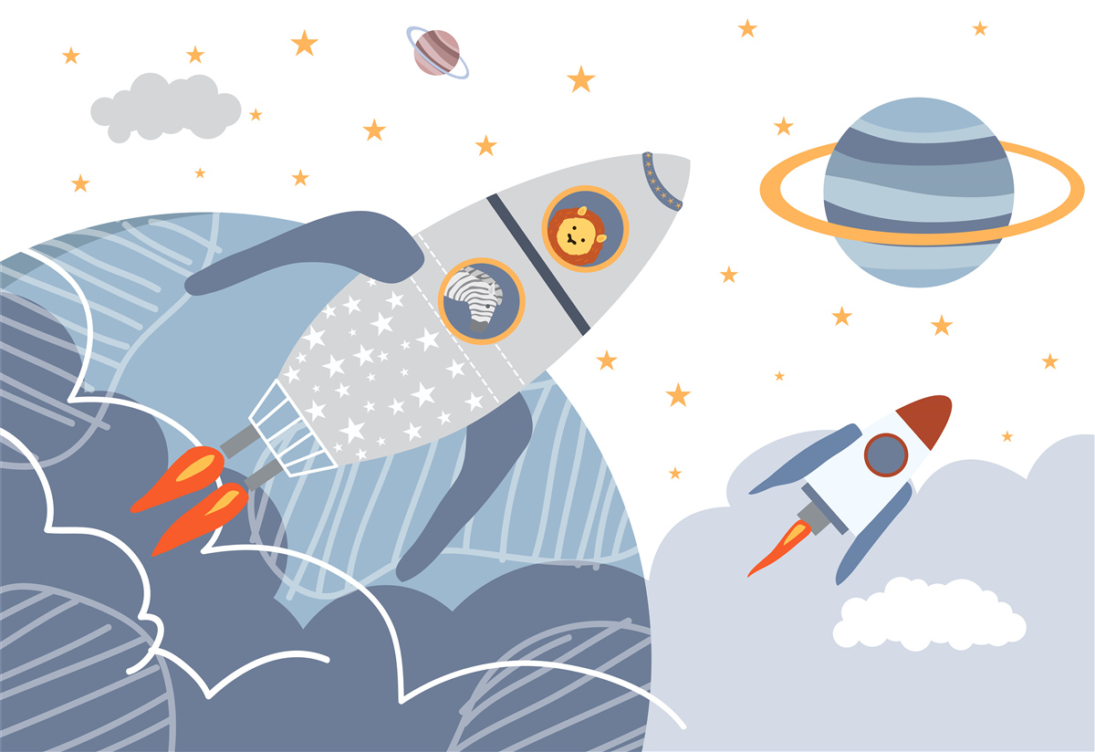 Papier peint Le zèbre et le lion s'envolent sur une fusée