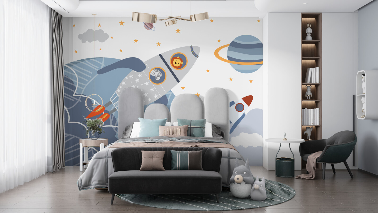 Papier peint Le zèbre et le lion s'envolent sur une fusée