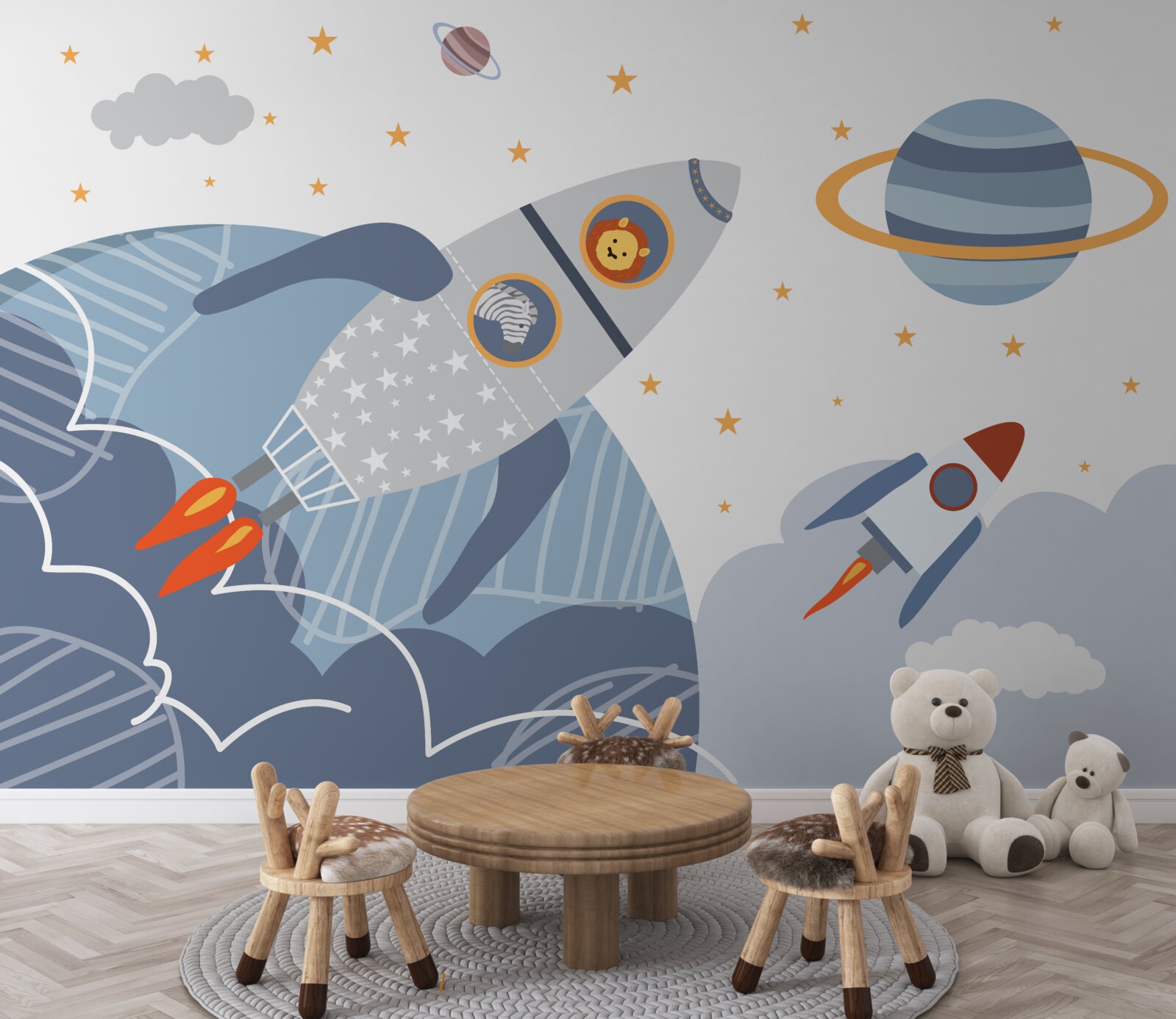 Papier peint Le zèbre et le lion s'envolent sur une fusée