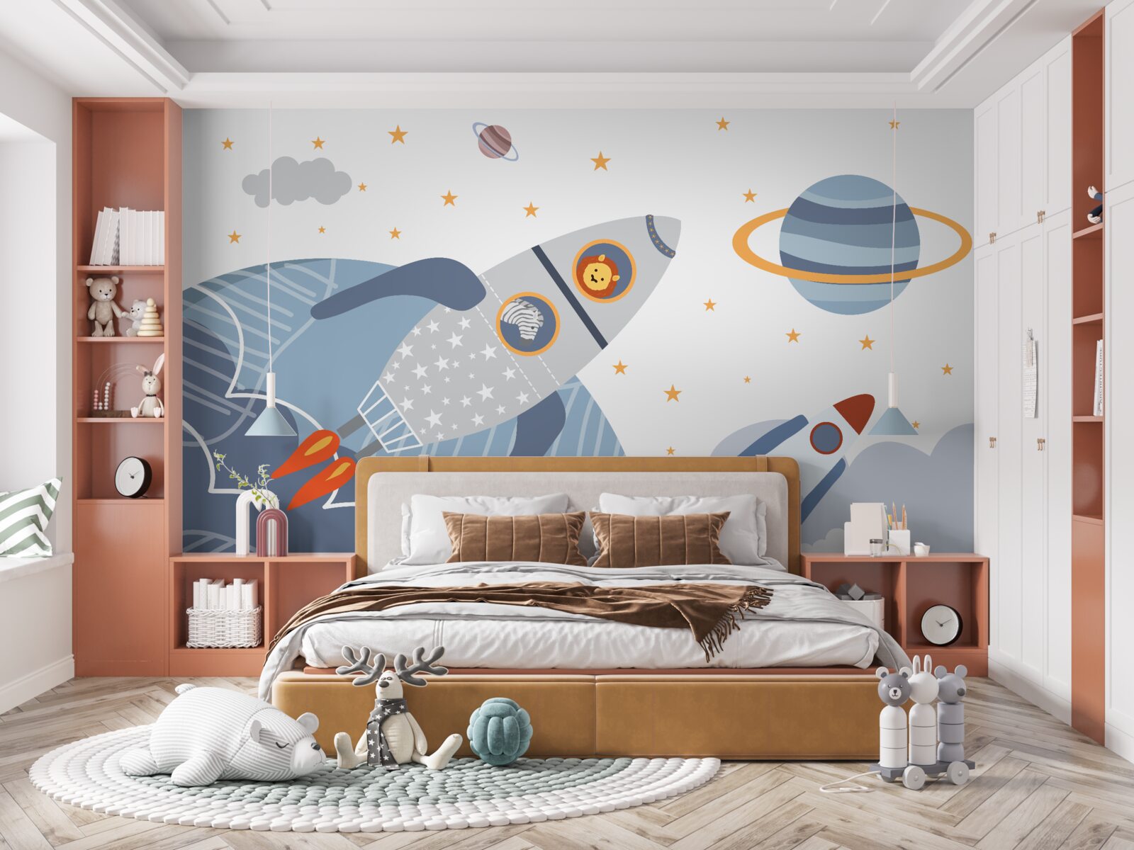 Papier peint Le zèbre et le lion s'envolent sur une fusée