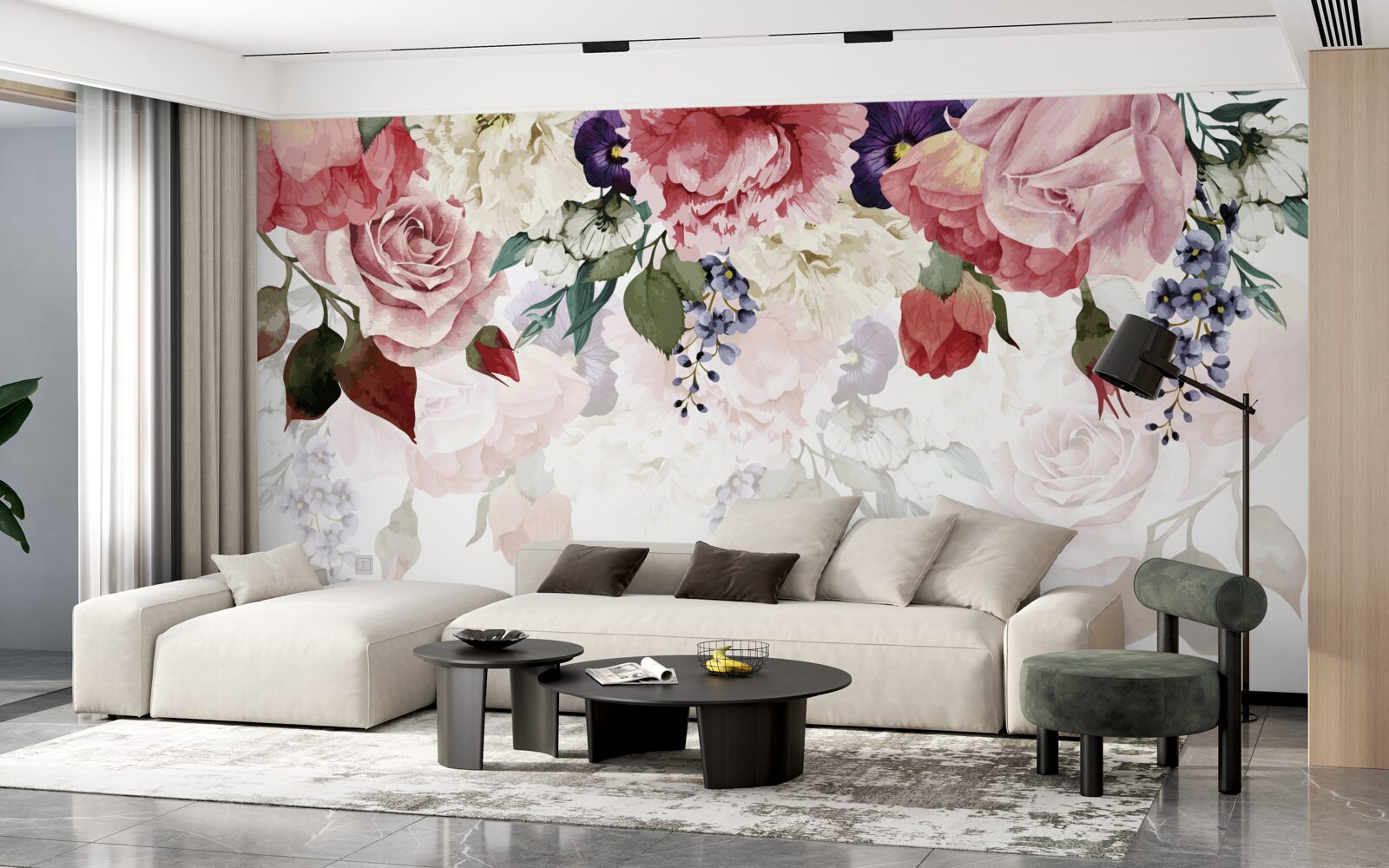 Papier peint composition de fleurs tombantes