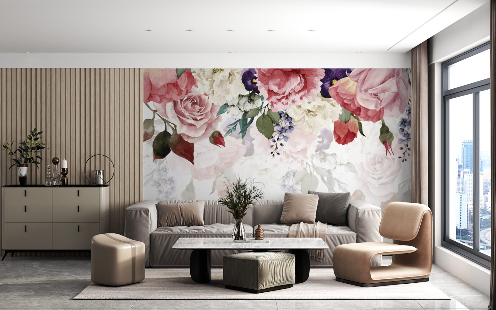 Papier peint composition de fleurs tombantes