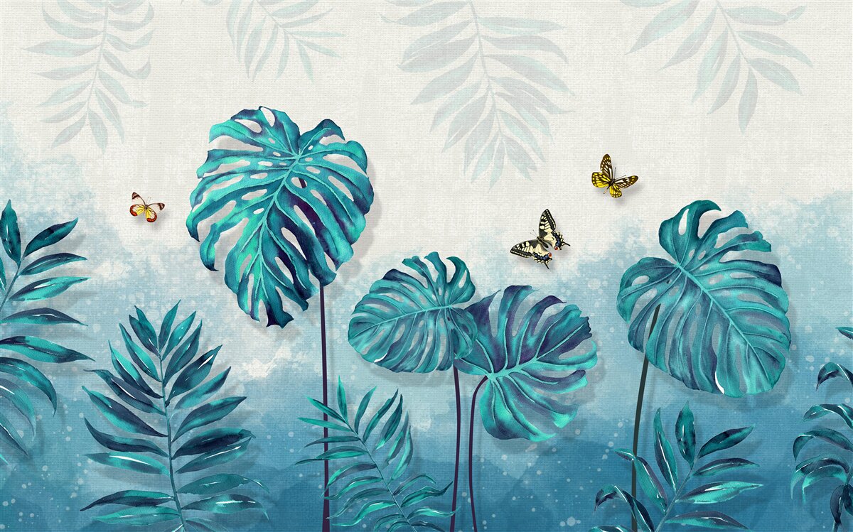 Papier peint les feuilles de monstera sont bleues, décorées de papillons