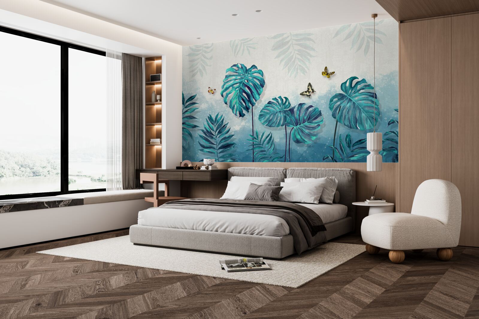 Papier peint les feuilles de monstera sont bleues, décorées de papillons