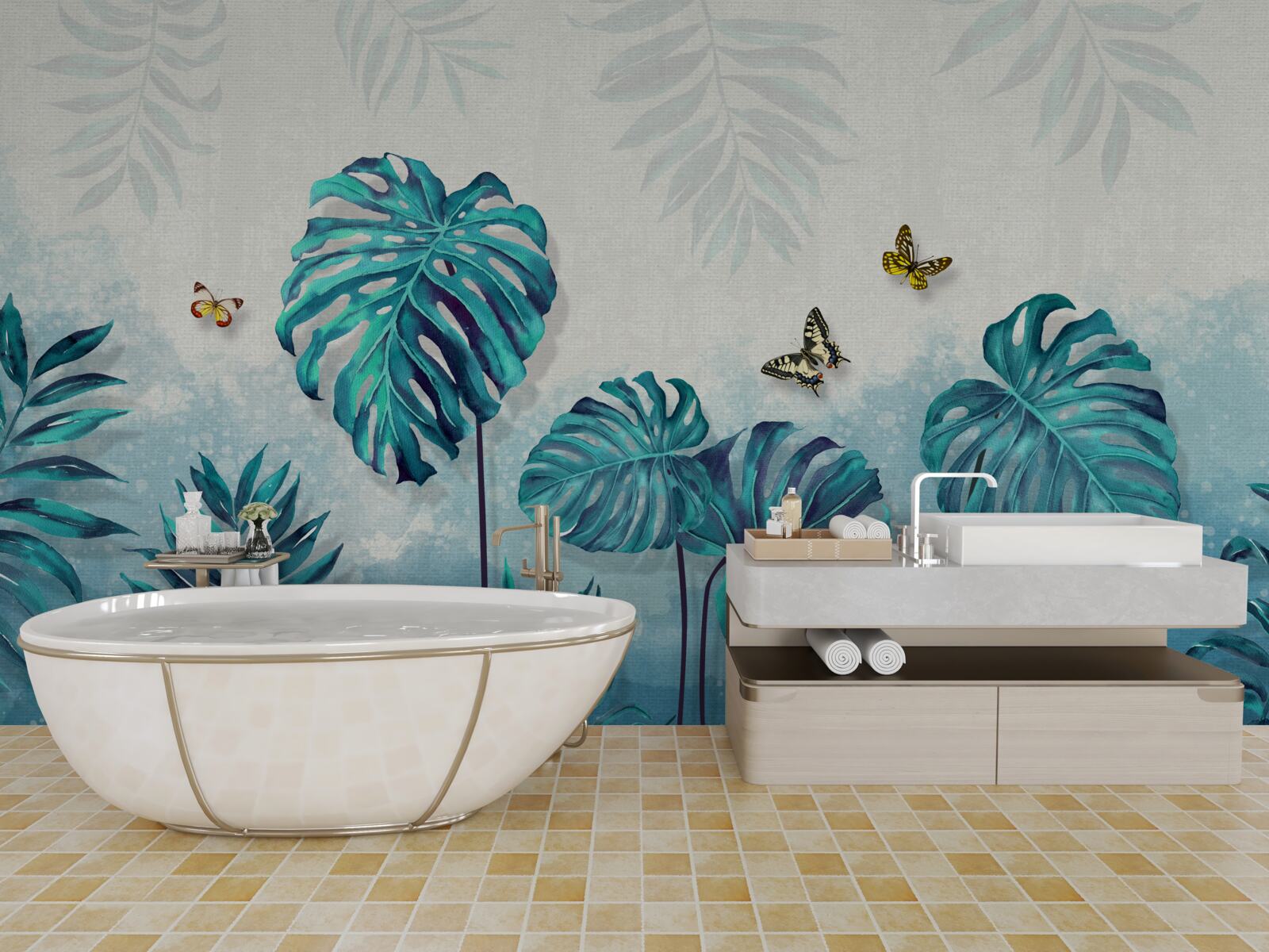 Papier peint les feuilles de monstera sont bleues, décorées de papillons