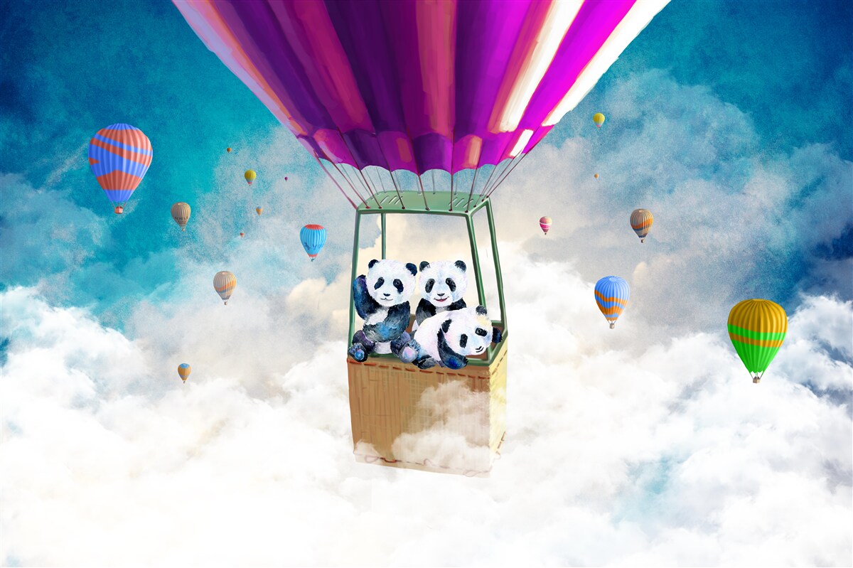 Papier peint Une montgolfière soulève un panda dans le ciel