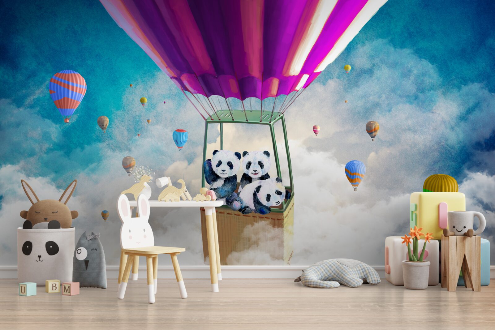 Papier peint Une montgolfière soulève un panda dans le ciel