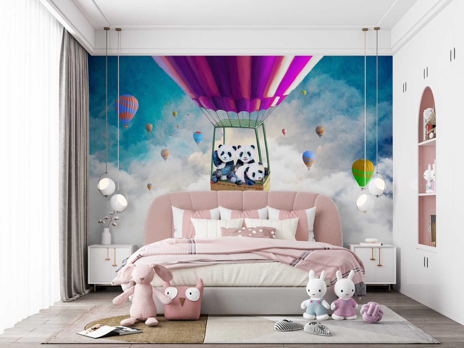 Papier peint Une montgolfière soulève un panda dans le ciel