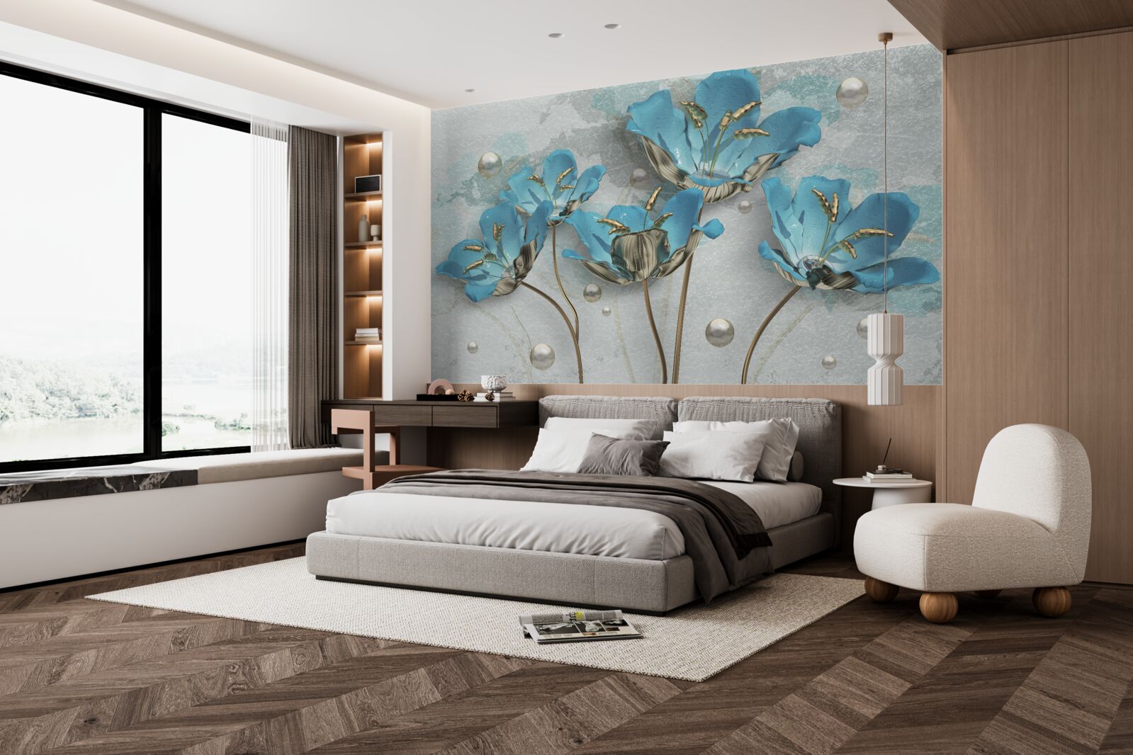 Papier peint fleurs bleu métallique