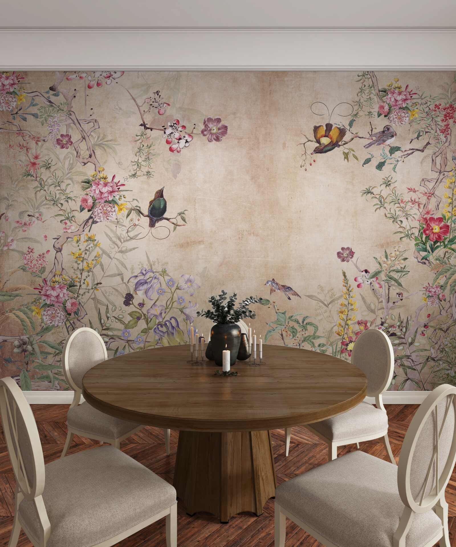 Papier peint oiseaux sur des branches fleuries