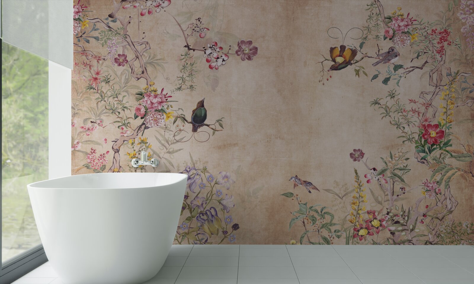 Papier peint oiseaux sur des branches fleuries