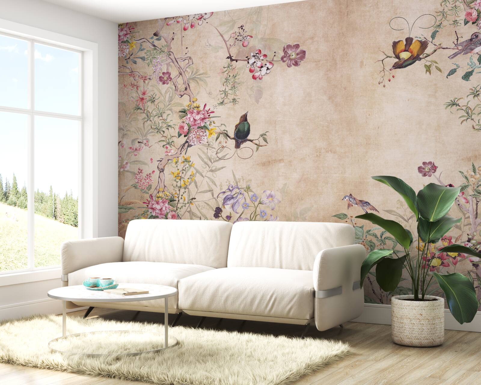 Papier peint oiseaux sur des branches fleuries