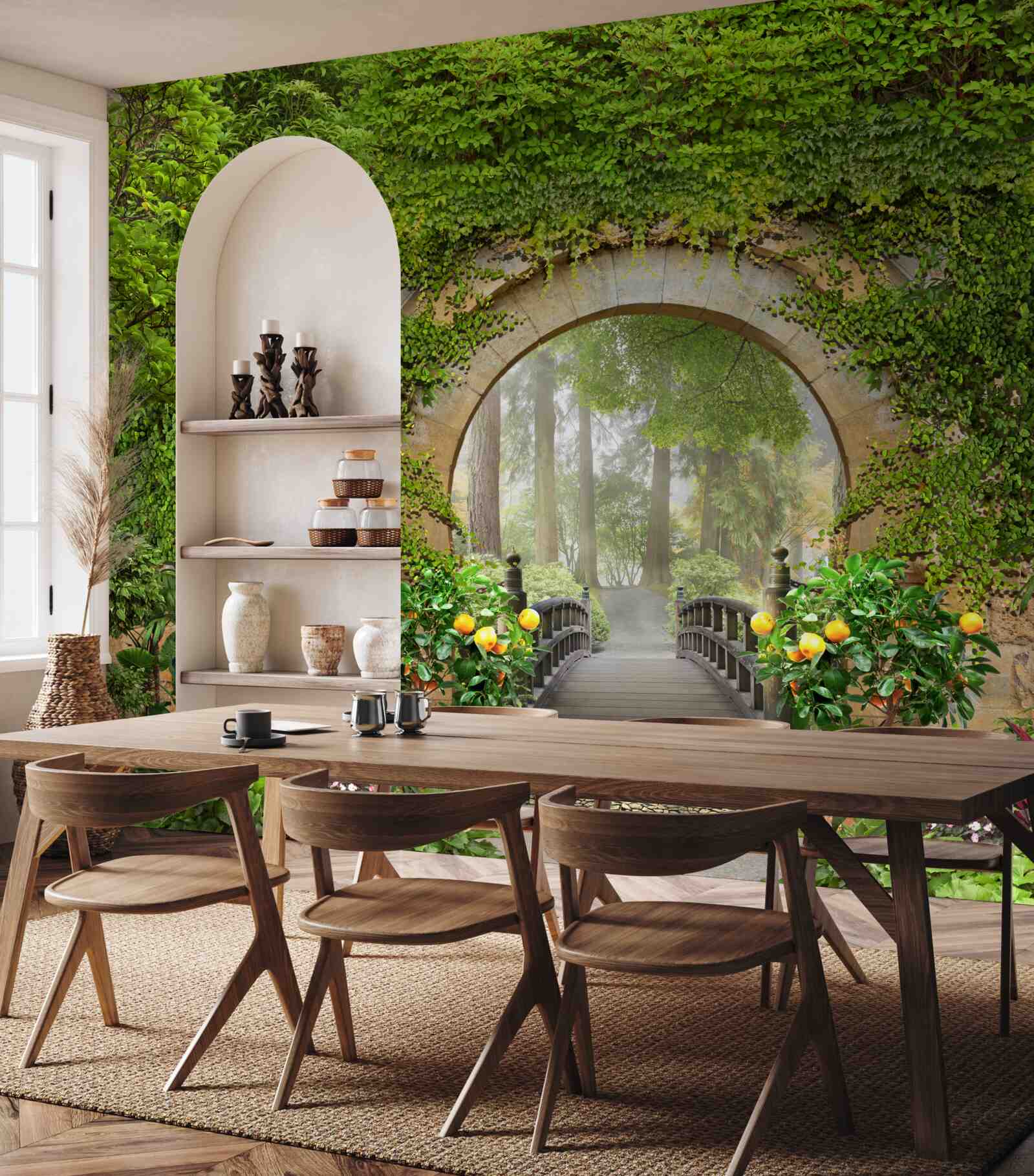 Papier peint arche verte envahie par la végétation dans la forêt