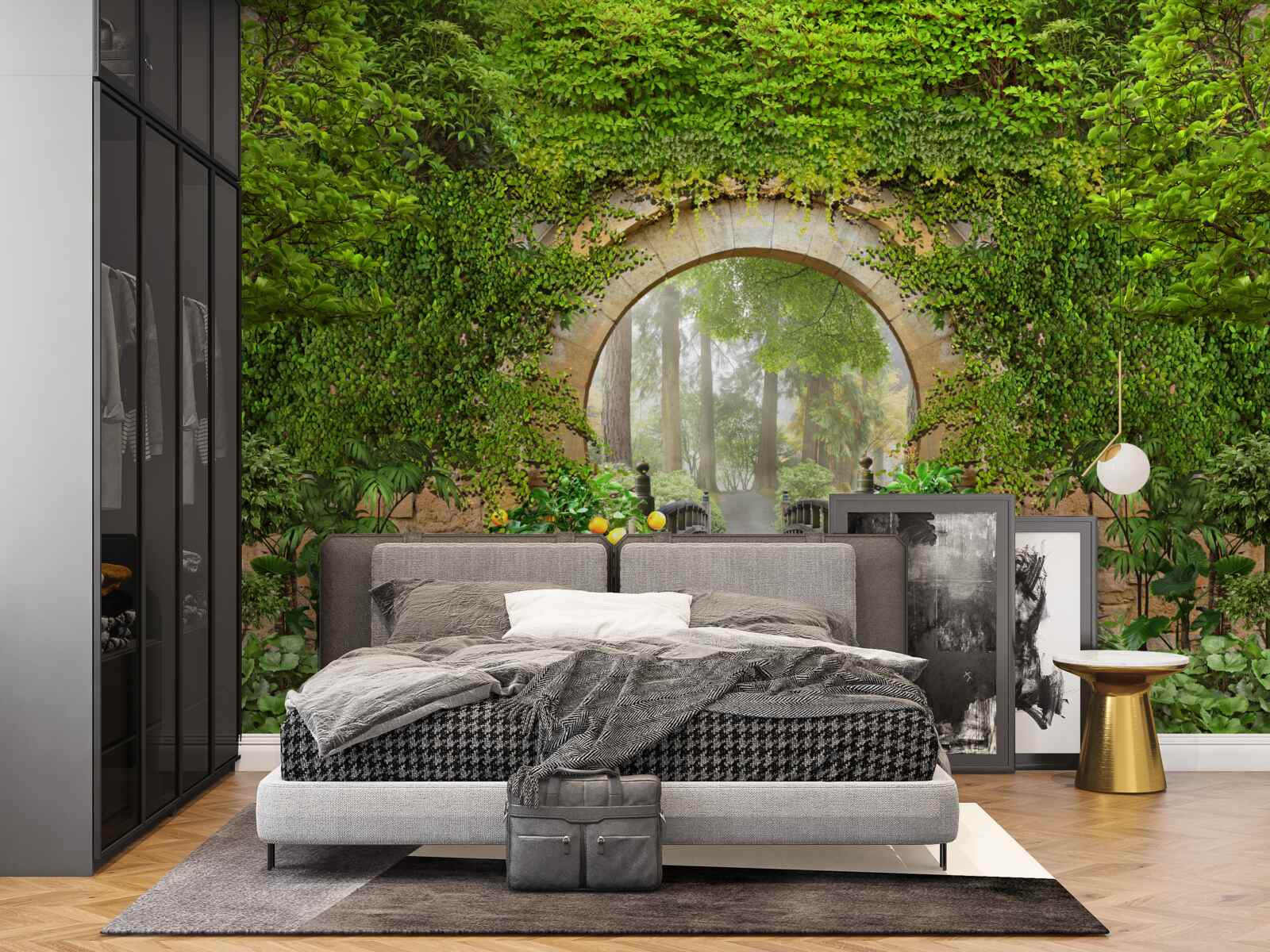 Papier peint arche verte envahie par la végétation dans la forêt