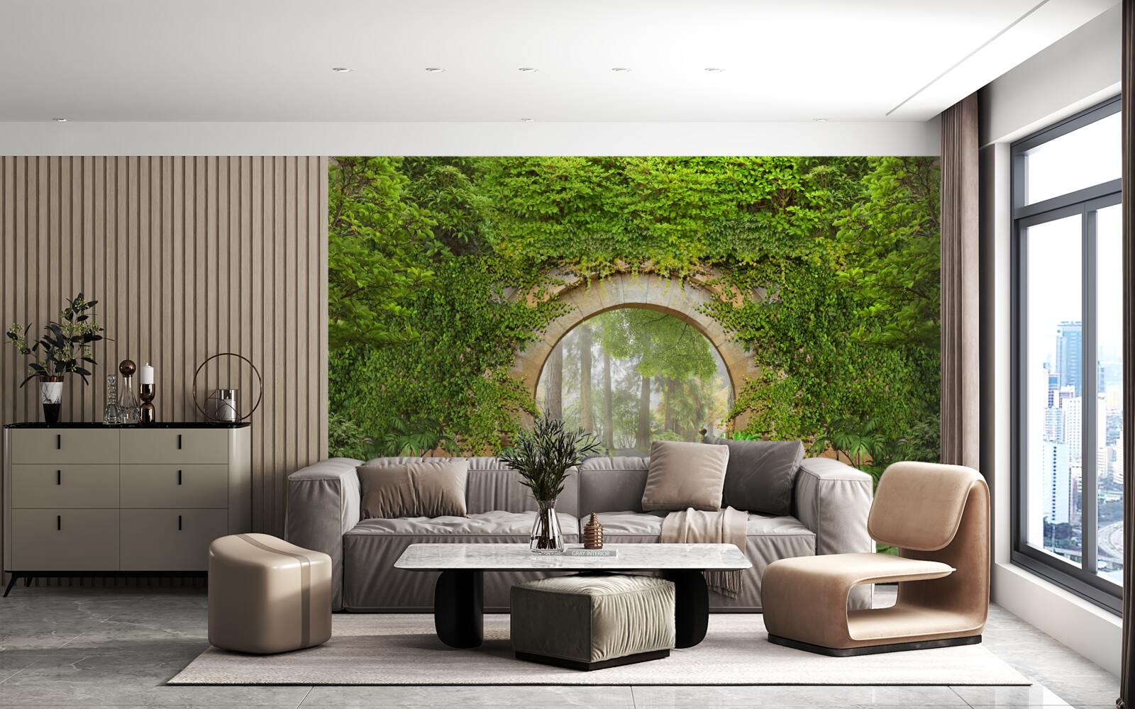 Papier peint arche verte envahie par la végétation dans la forêt