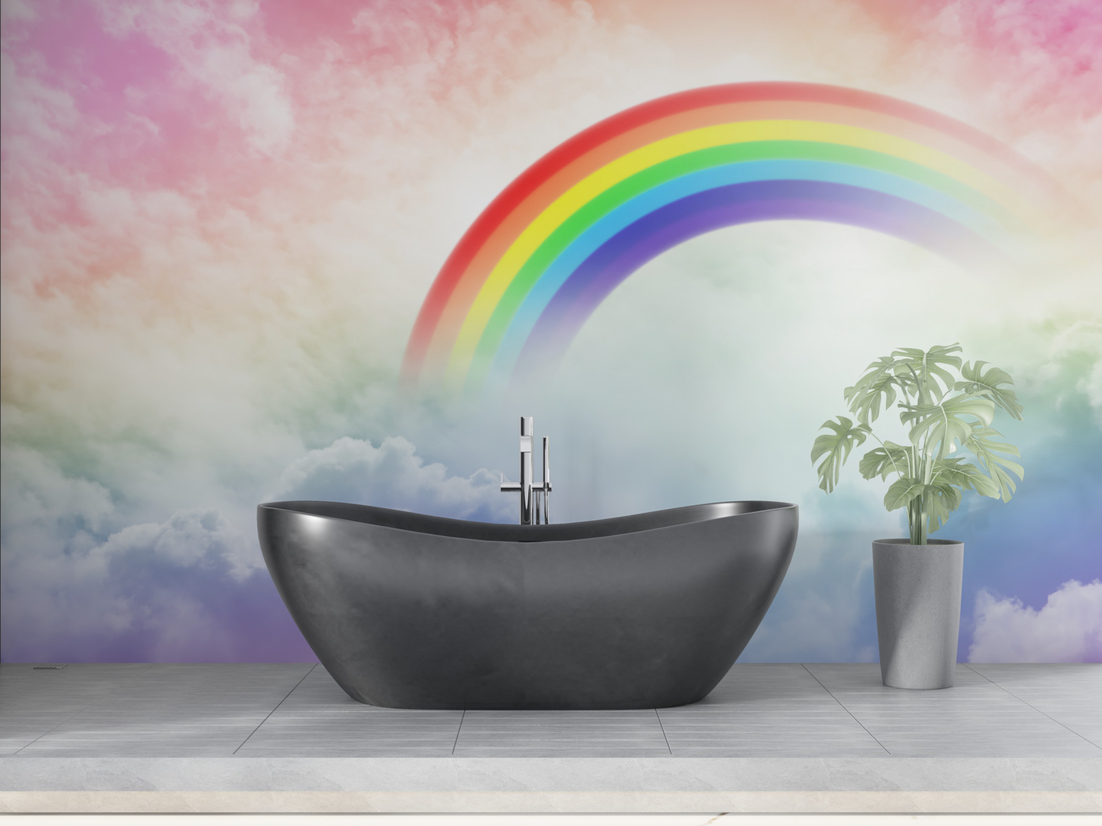 Papier peint un arc-en-ciel coloré brille au-dessus des nuages