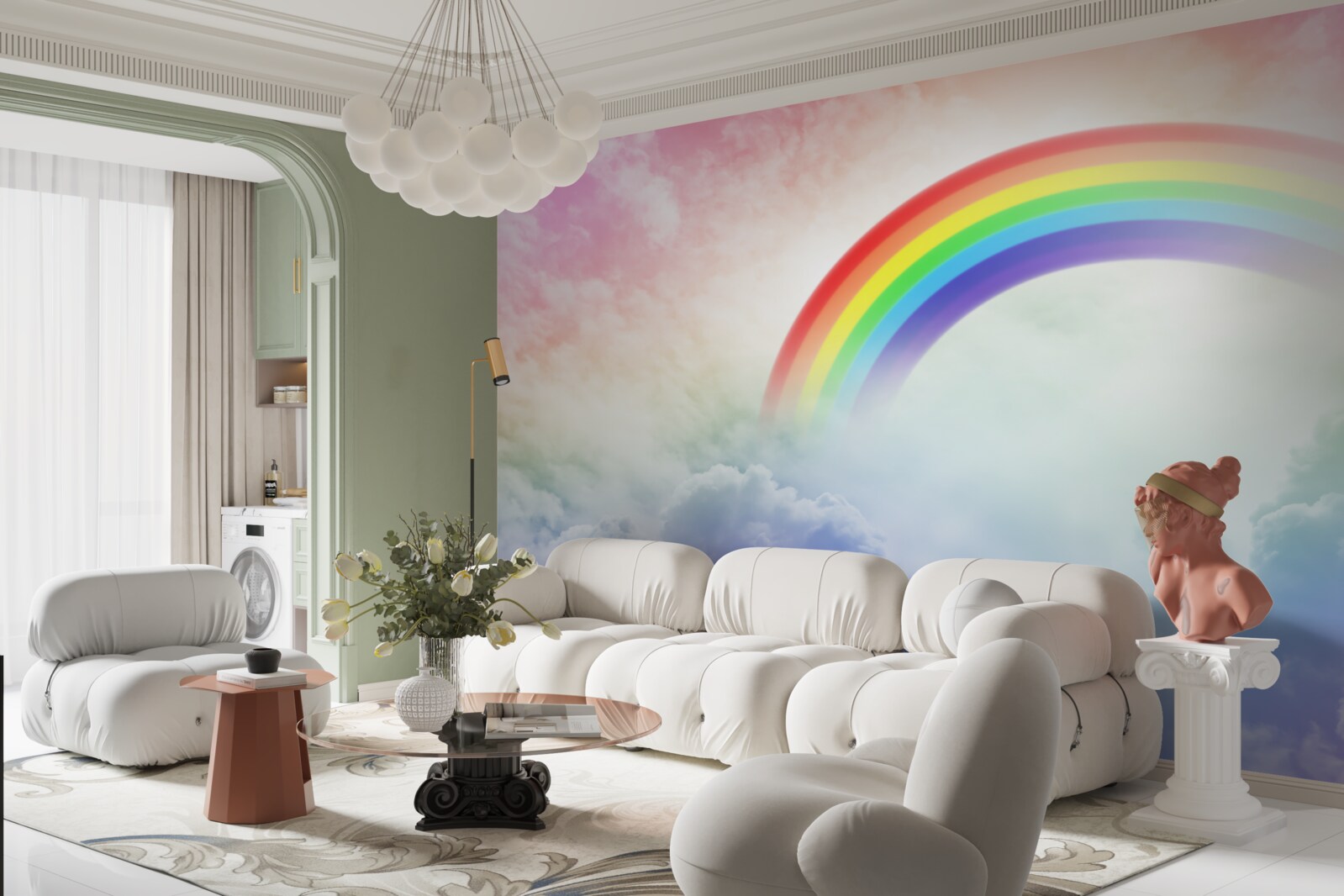 Papier peint un arc-en-ciel coloré brille au-dessus des nuages