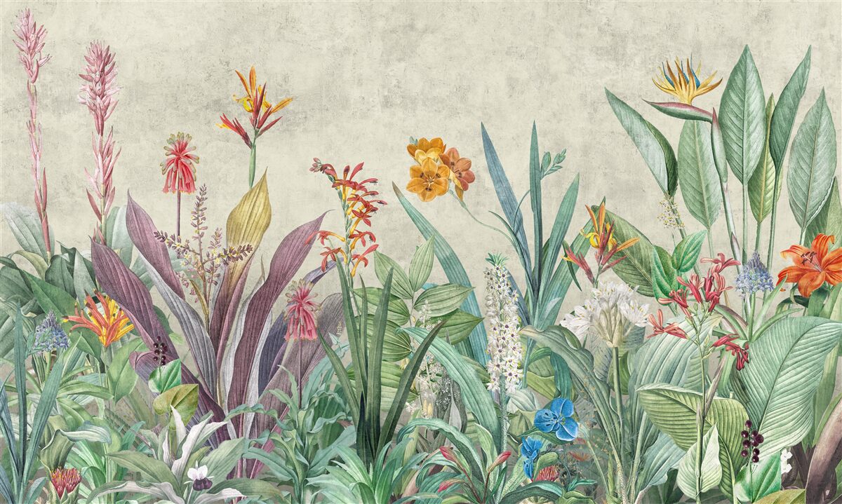 Papier peint vert tropical avec fleurs