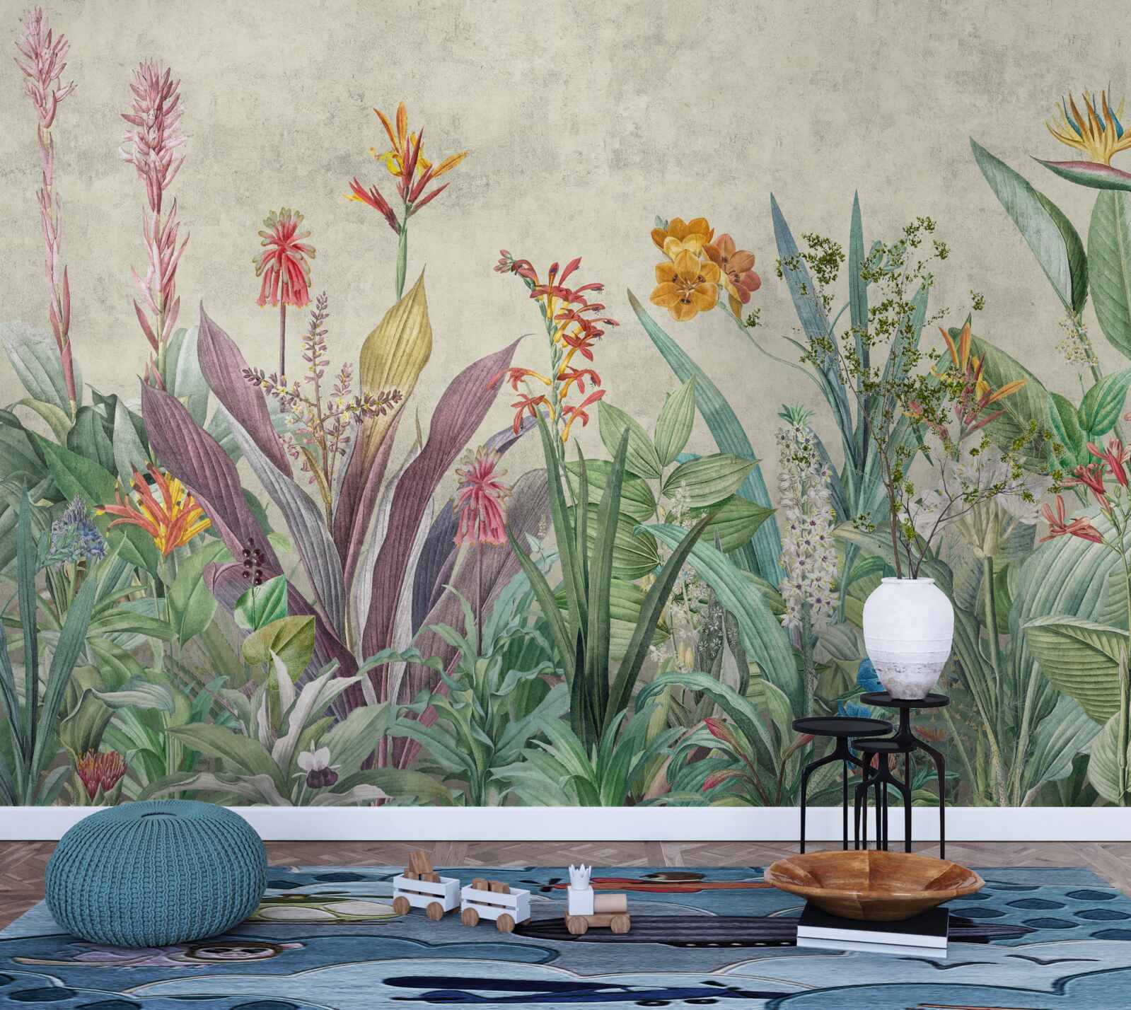 Papier peint vert tropical avec fleurs