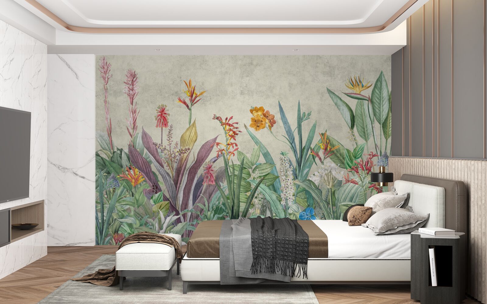 Papier peint vert tropical avec fleurs