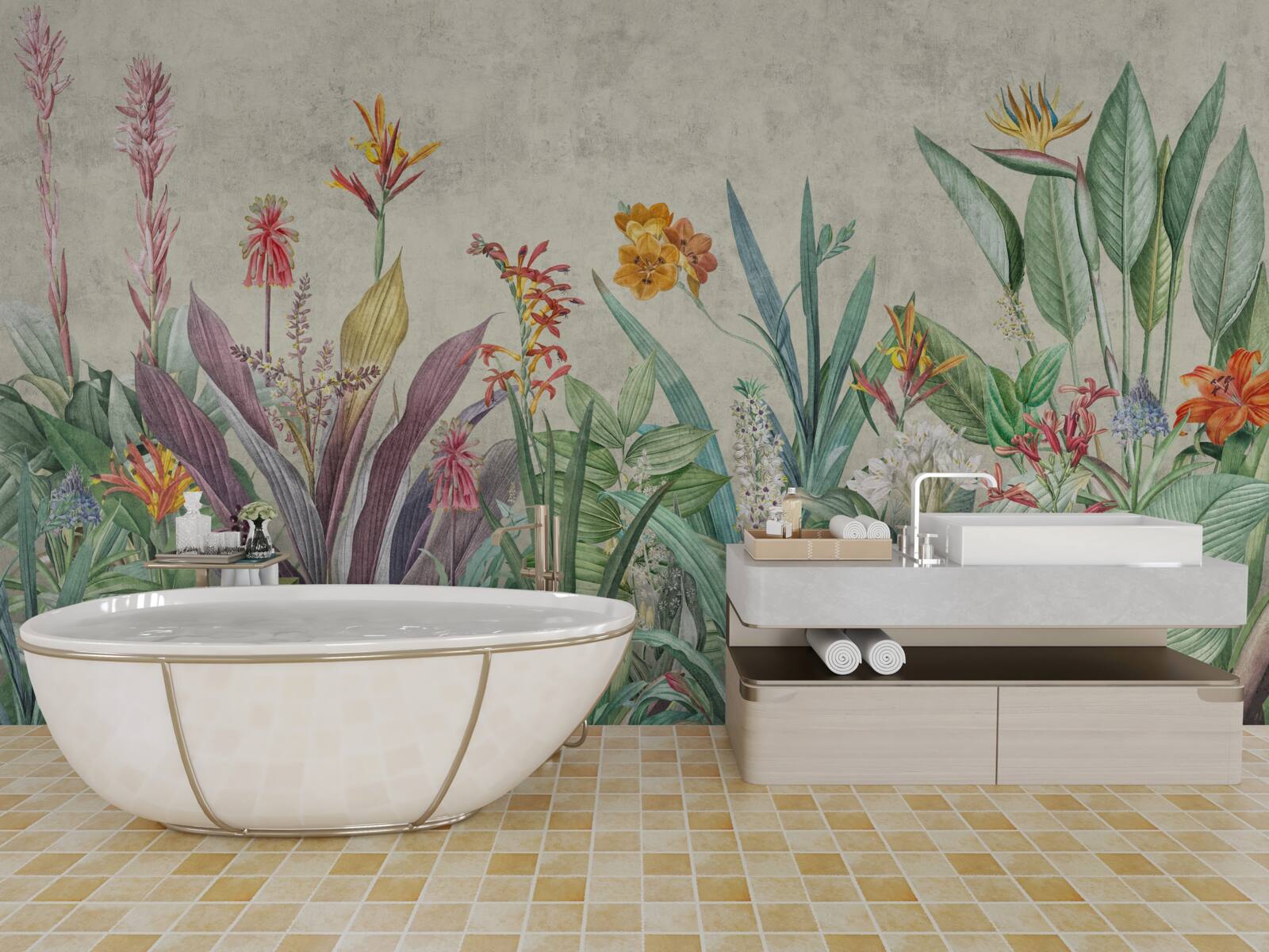 Papier peint vert tropical avec fleurs