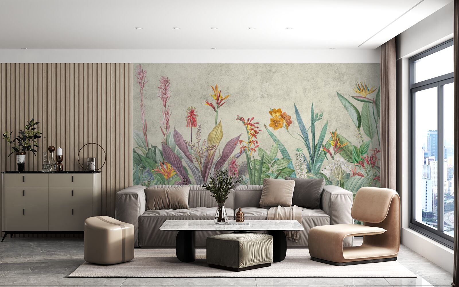 Papier peint vert tropical avec fleurs