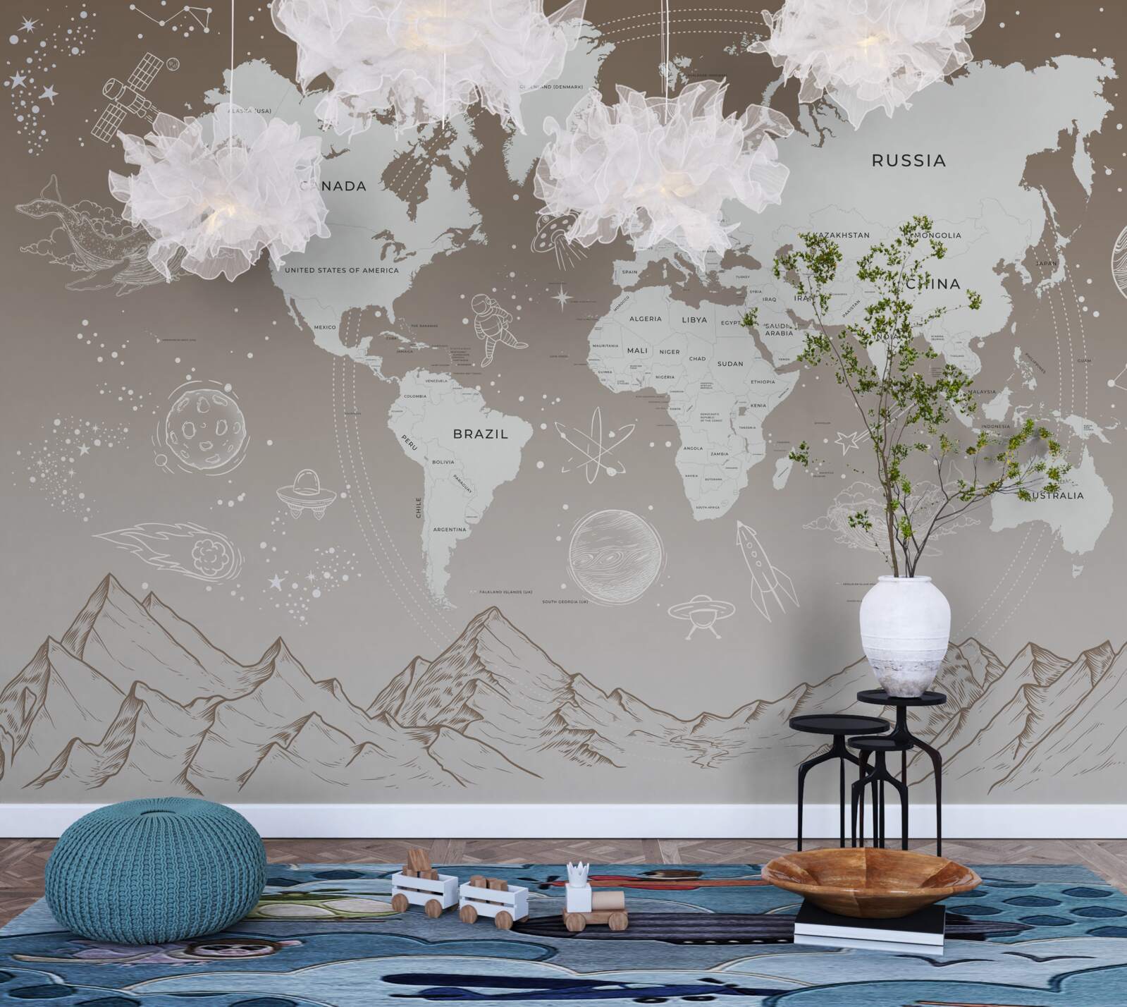 Papier peint Le monde se trouve au-dessus des sommets des montagnes