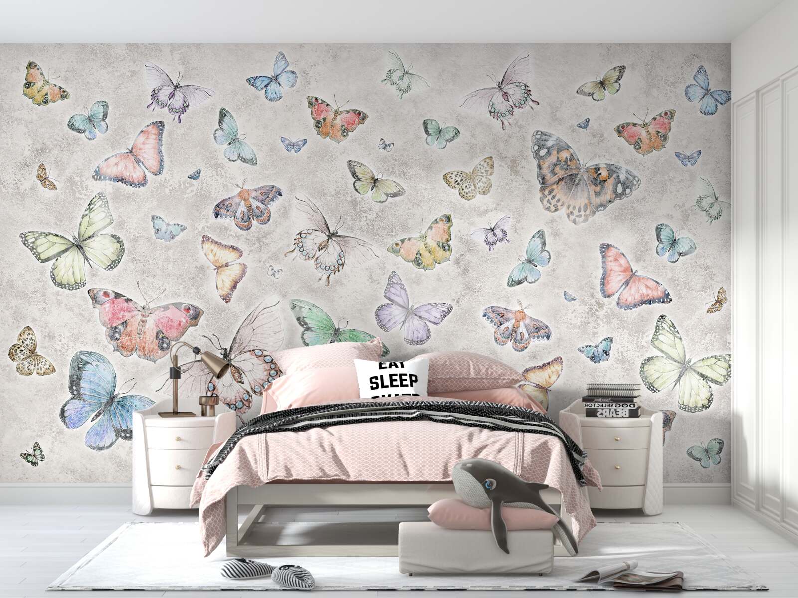 Papier peint Papillons lumineux sur fond gris