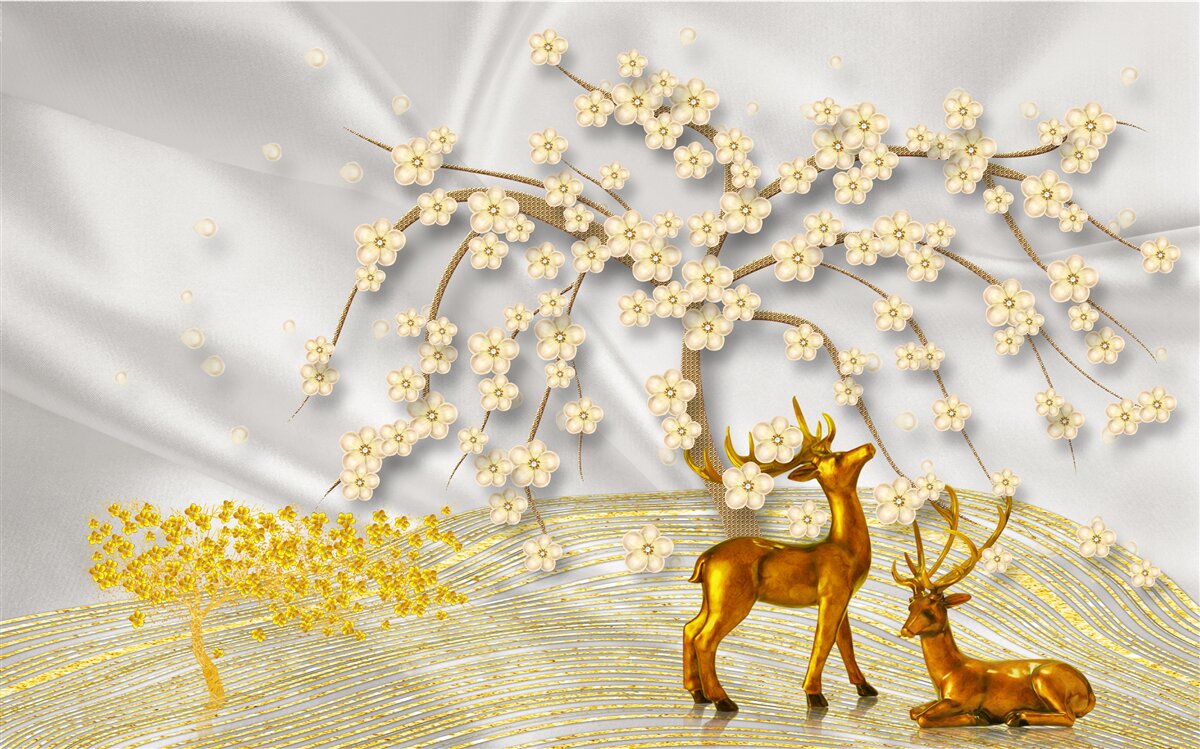 Papier peint un cerf en or se promène sous les branches d'un sakura