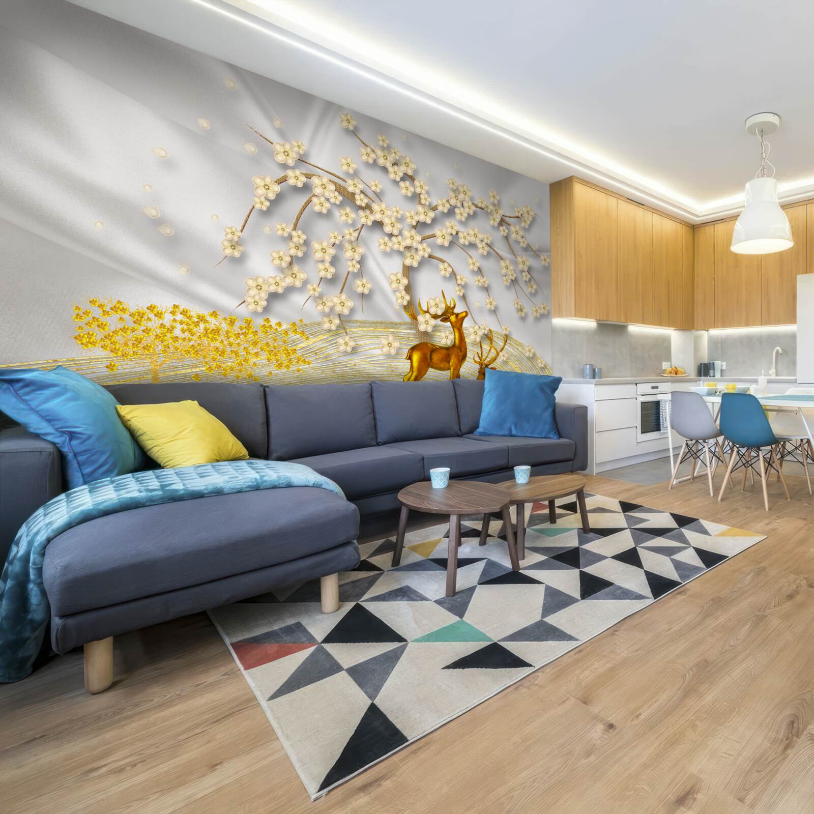 Papier peint un cerf en or se promène sous les branches d'un sakura