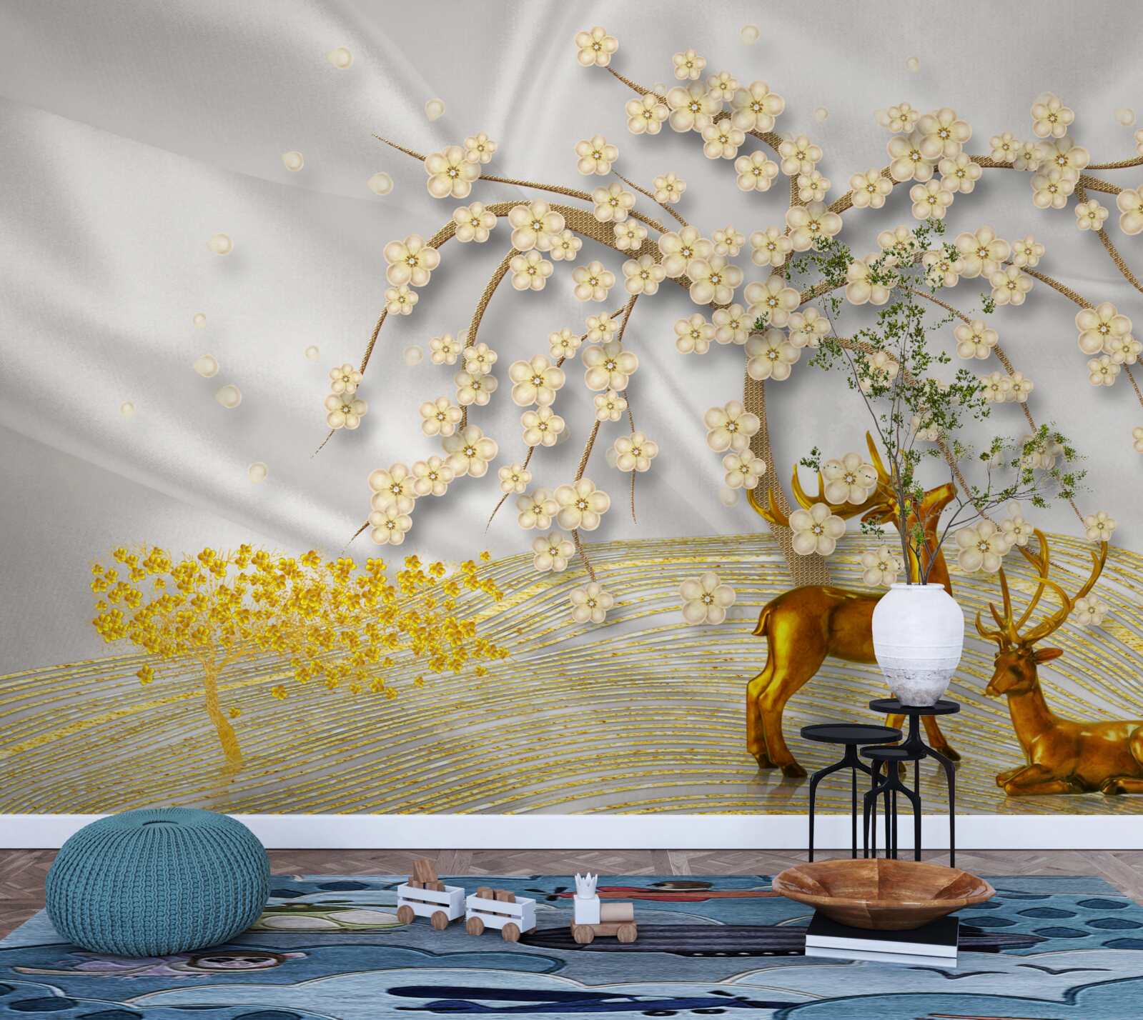 Papier peint un cerf en or se promène sous les branches d'un sakura