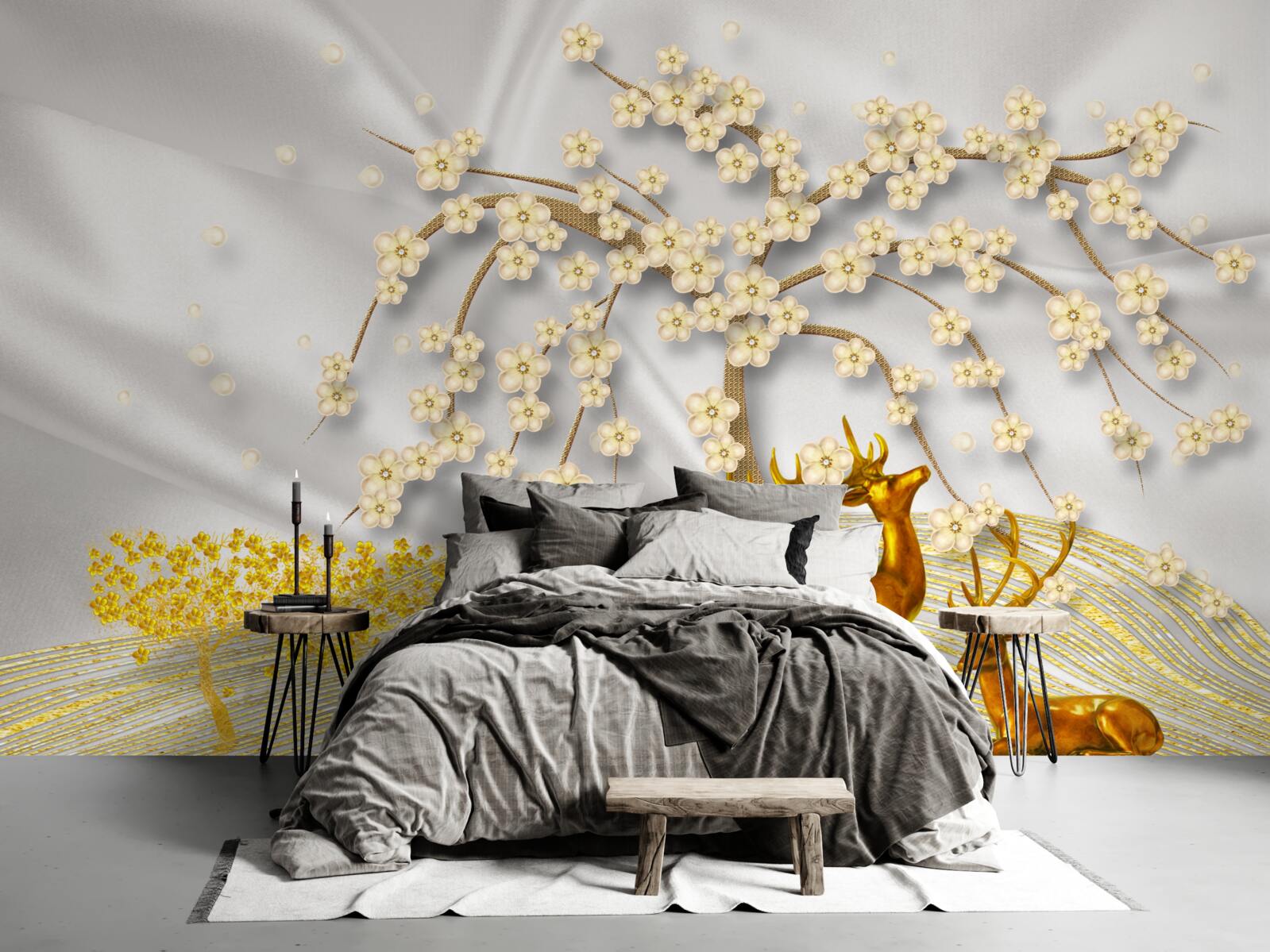 Papier peint un cerf en or se promène sous les branches d'un sakura