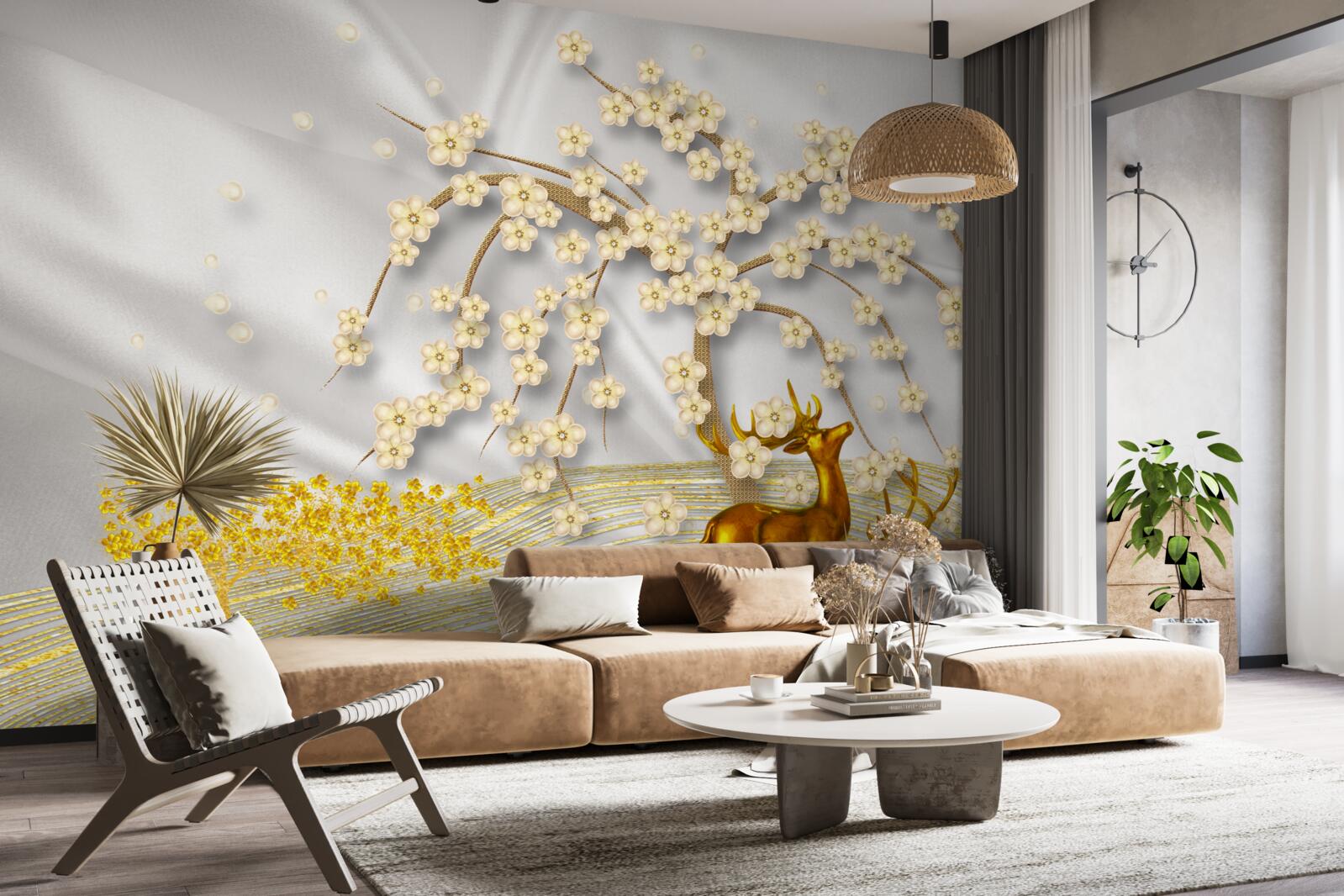 Papier peint un cerf en or se promène sous les branches d'un sakura