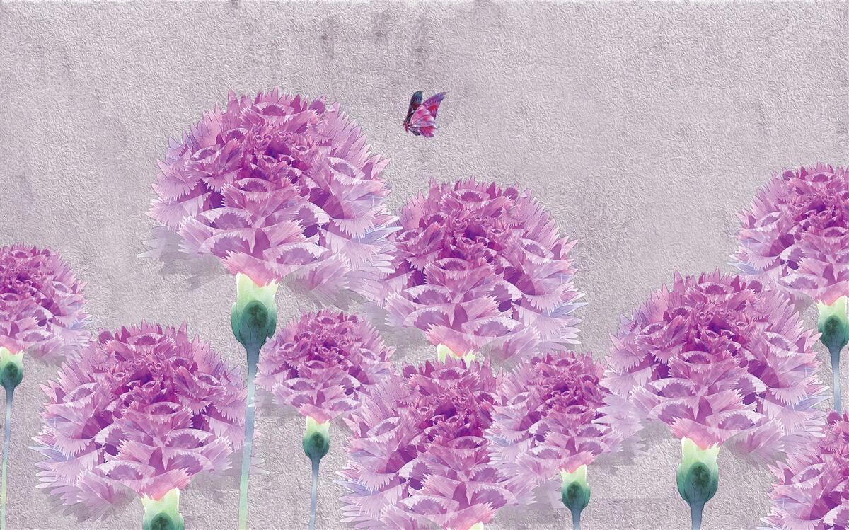 Papier peint grands œillets lilas et papillon