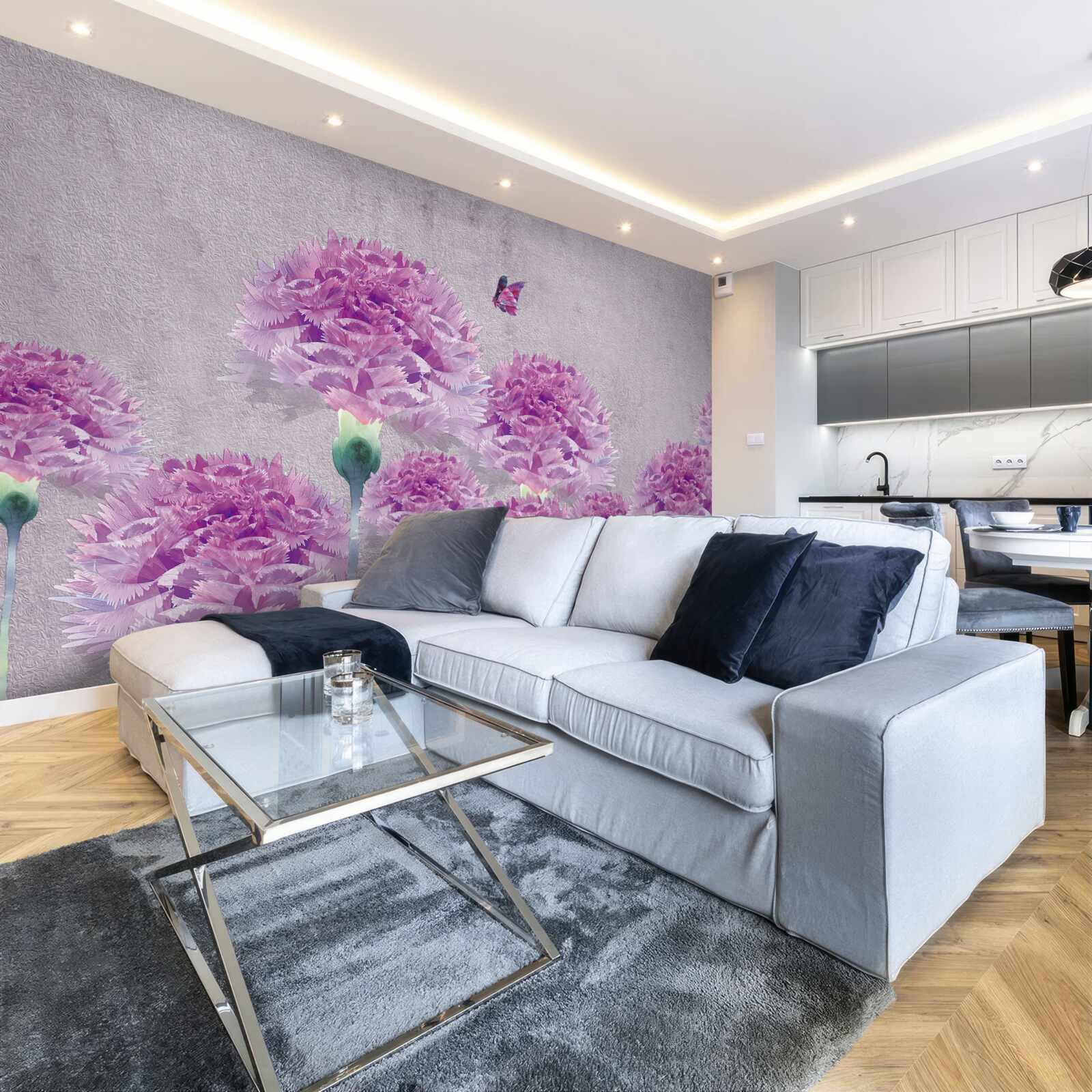 Papier peint grands œillets lilas et papillon